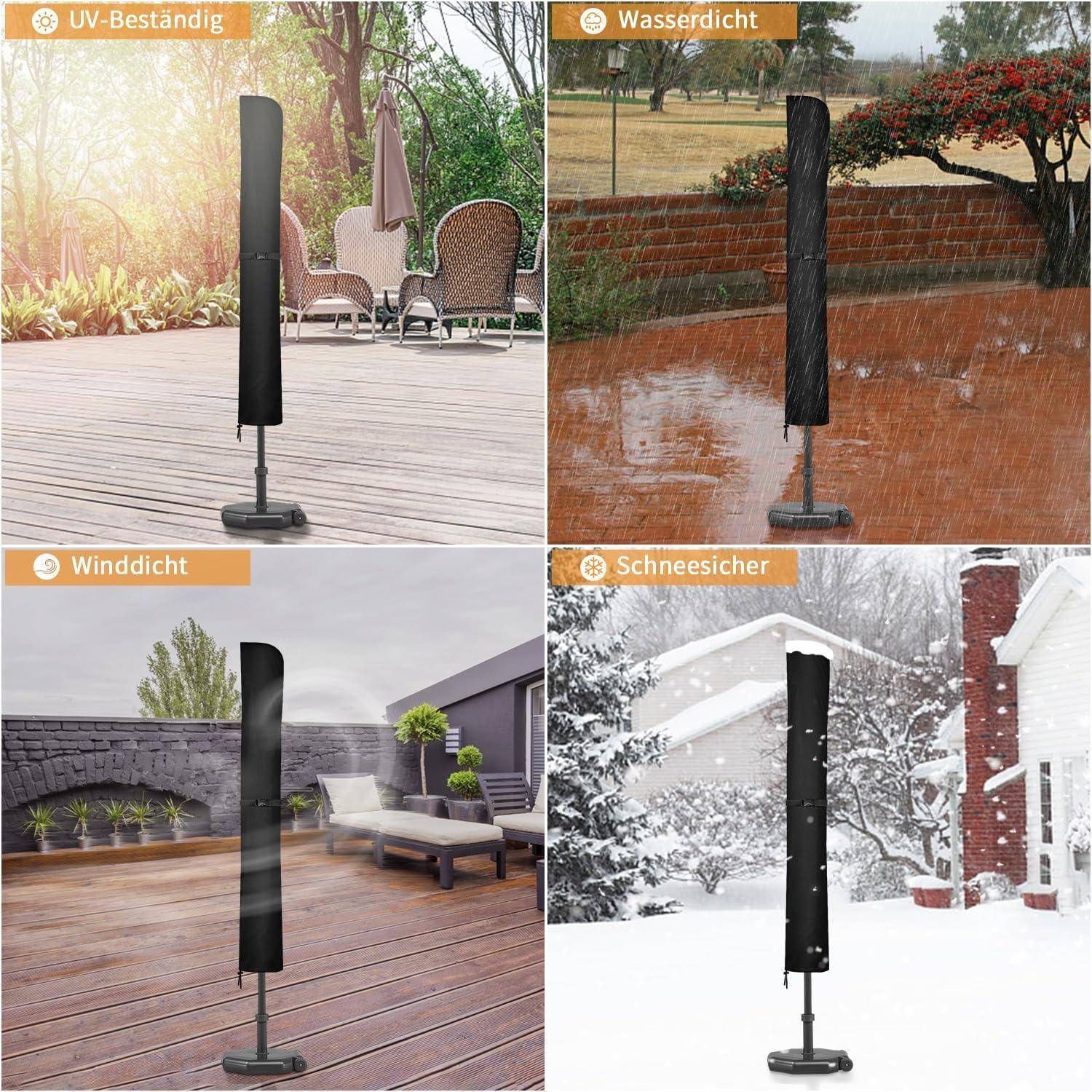 Das Bild zeigt vier Panels, die die Beständigkeit einer Außenabdeckung demonstrieren: 'UV-beständig' im Sonnenlicht, 'Wasserdicht' im Regen, 'Windbeständig' im Wind, 'Schneefest' im Schnee.