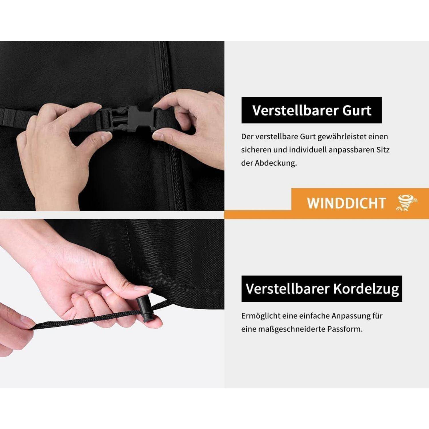 Das Bild zeigt verstellbare Schnallen- und Kordelzugfunktionen an einer winddichten Abdeckung, die veranschaulichen, wie sie einen sicheren, individuell angepassten Sitz gewährleisten.