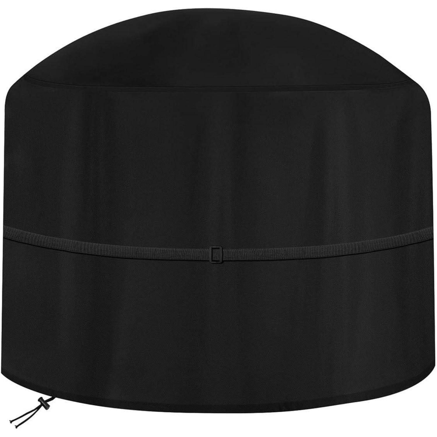 Eine schwarze, kuppelförmige Abdeckung für einen Außenheizstrahler mit einem verstellbaren Riemen in der Mitte, die vor Witterungselementen schützt.