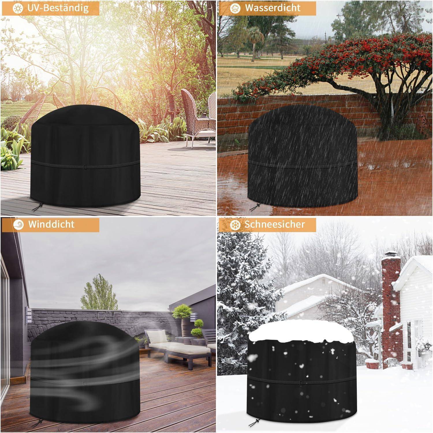 Das Bild zeigt eine Feuerstelle, die mit einer schwarzen Schutzabdeckung in vier Zuständen dargestellt wird: sonnig ('UV-beständig'), regnerisch ('Wasserdicht'), windig ('Winddicht'), schneebedeckt ('Schneesicher').