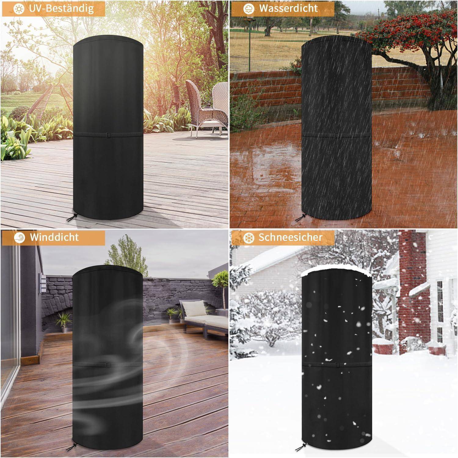 Eine Collage, die eine schwarze Grillabdeckung und ihre Eigenschaften zeigt: 'UV-beständig' im Sonnenlicht, 'wasserdicht' im Regen, 'windbeständig' im Wind, 'schneesicher' unter schneebedeckten Bedingungen.