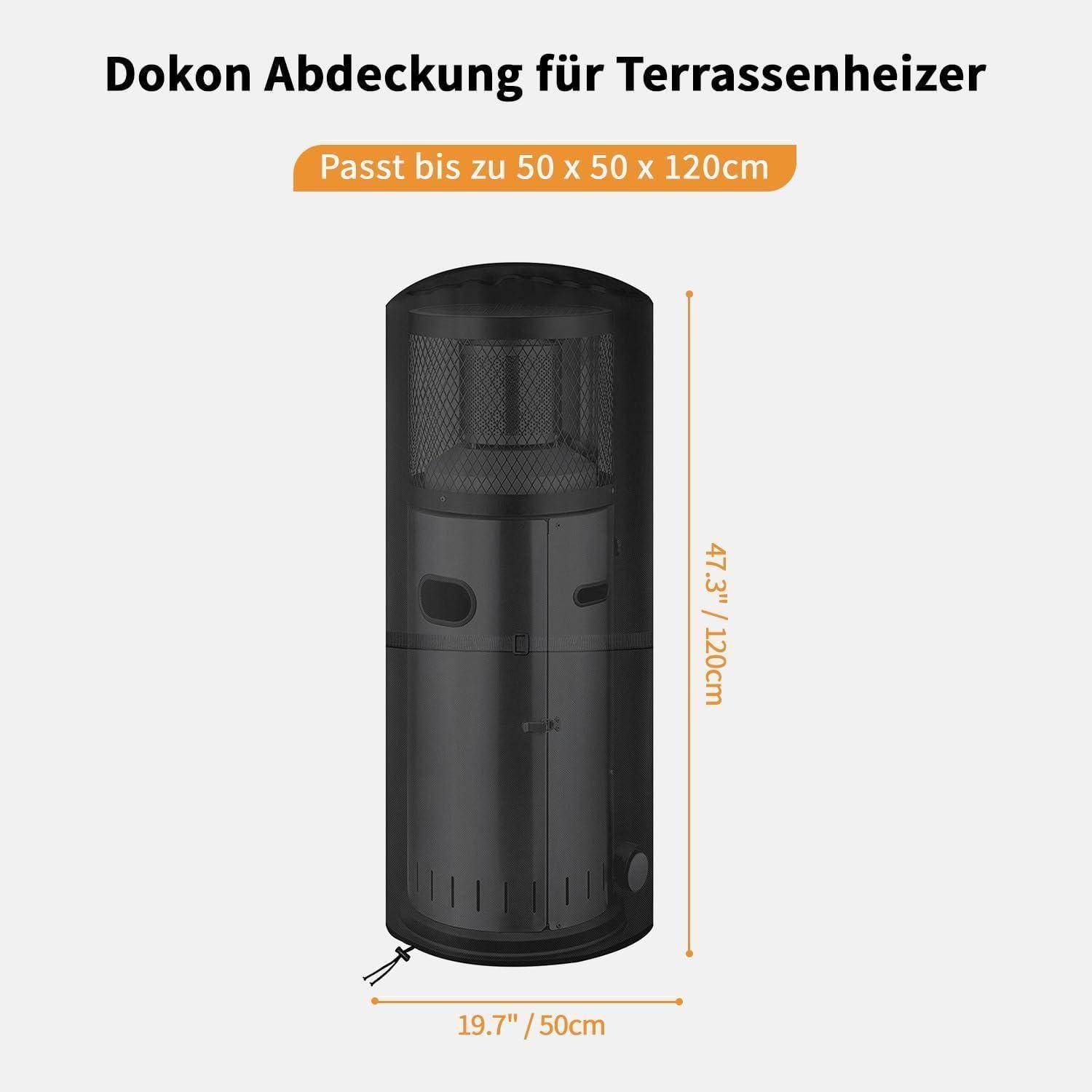 Eine schwarze Abdeckung für einen Terrassenheizer; passt für Maße bis zu 50 x 50 x 120 cm. Beschriftet auf Deutsch: 'Dokon Abdeckung für Terrassenheizer'.