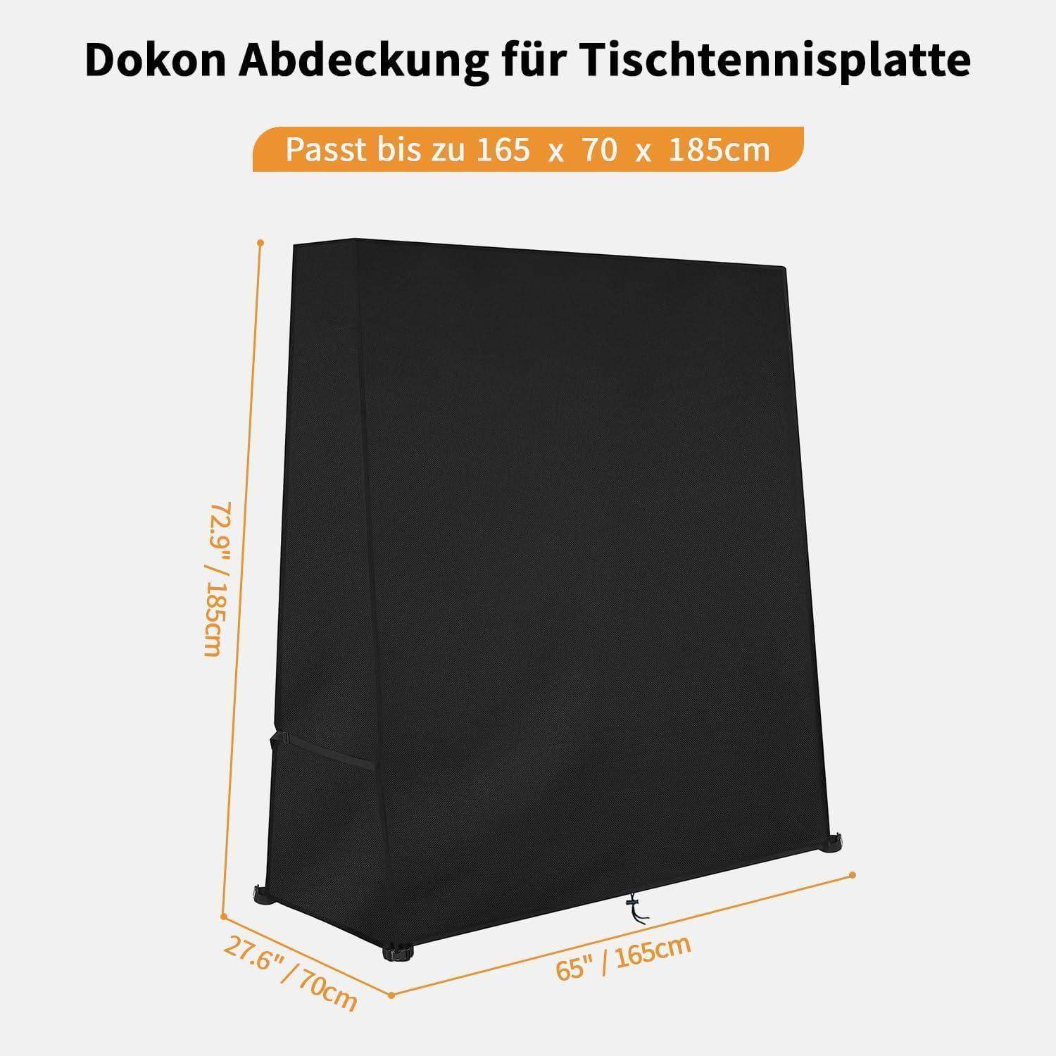 Abdeckung für Tischtennisplatte passte bis zu 165 x 70 x 185 cm. Illustration zeigt schwarze Hülle über Tischtennisplatte. Maße: 70,1 cm x 185 cm x 165 cm.