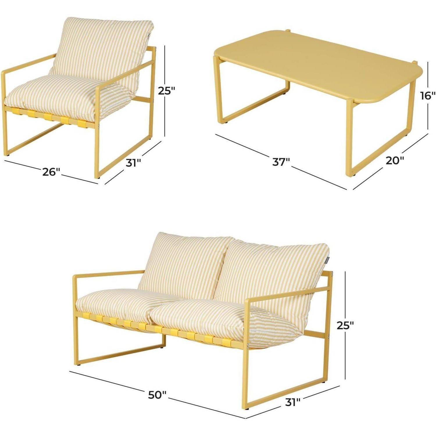 Gelbes Outdoor-Möbelset umfasst einen gepolsterten Sessel, eine Zweisitzer-Couch und einen Couchtisch. Abmessungen: Sessel 66x79 cm, Zweisitzer 127x79 cm, Tisch 94x51 cm.