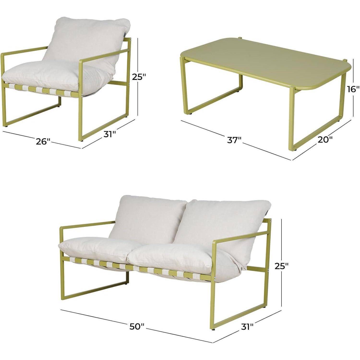 Outdoor-Möbelset mit weißen Kissen, bestehend aus einem Stuhl (66 cm x 79 cm x 64 cm), einem Tisch (94 cm x 51 cm x 41 cm) und einer Zweisitzer-Couch (127 cm x 79 cm x 64 cm).