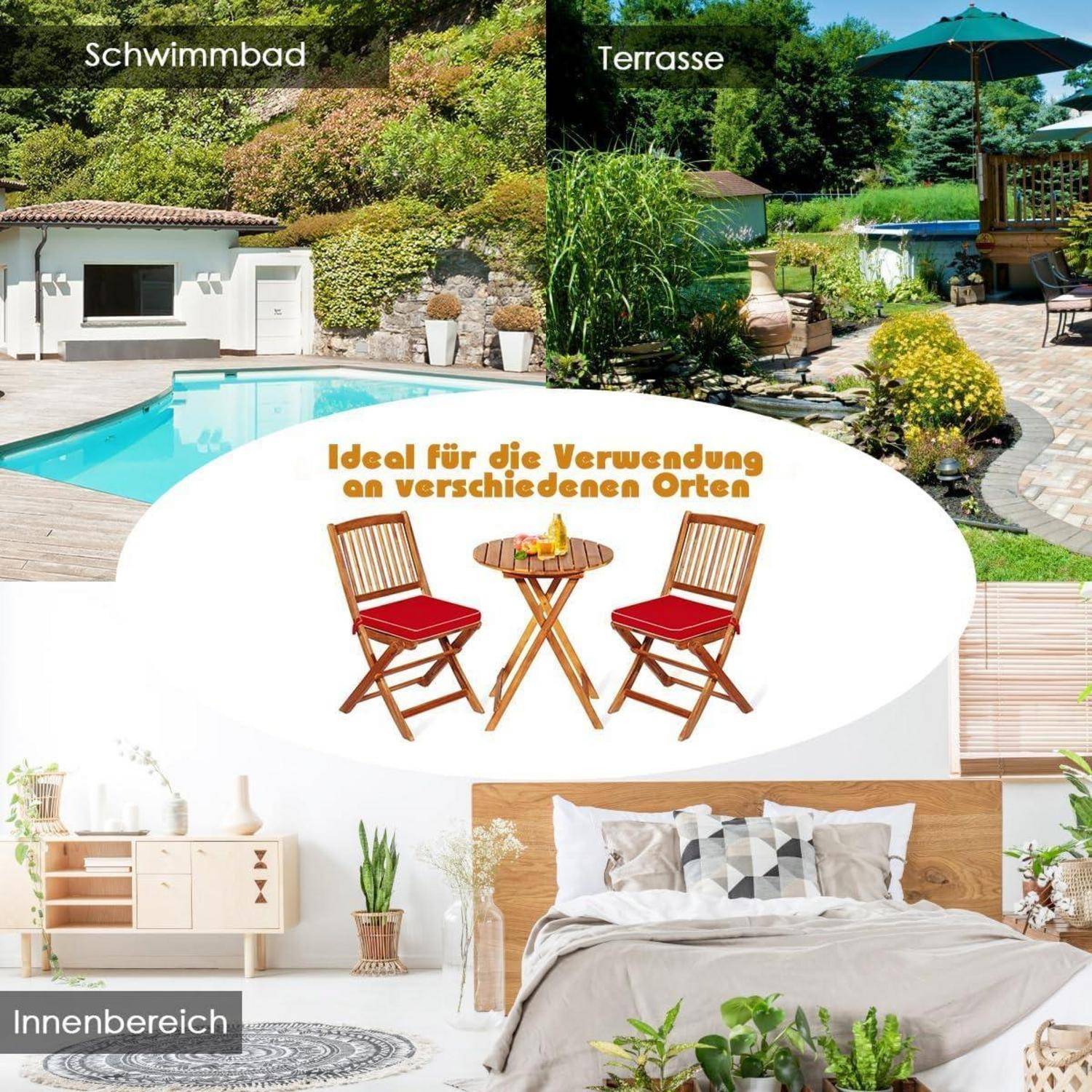 Eine Collage, die einen Pool, eine Terrasse und eine Inneneinrichtung zeigt, mit dem Text 