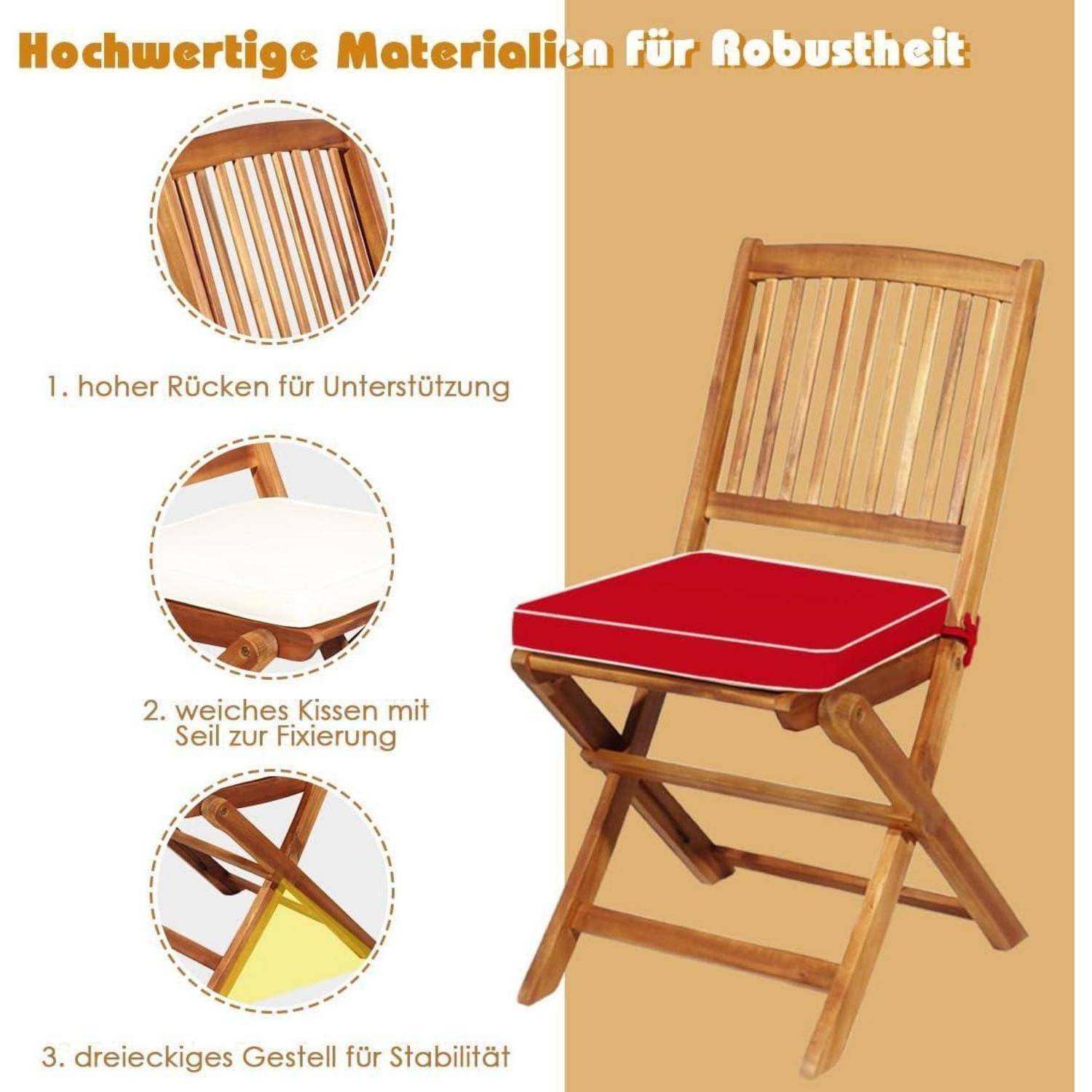 Holz-Klapp-Stuhl mit Text auf Deutsch: 'Hochwertige Materialien für Robustheit'. Merkmale: hohe Rückenlehne für Unterstützung, weiche Sitzauflage mit Bindebändern, dreieckiger Rahmen für Stabilität.