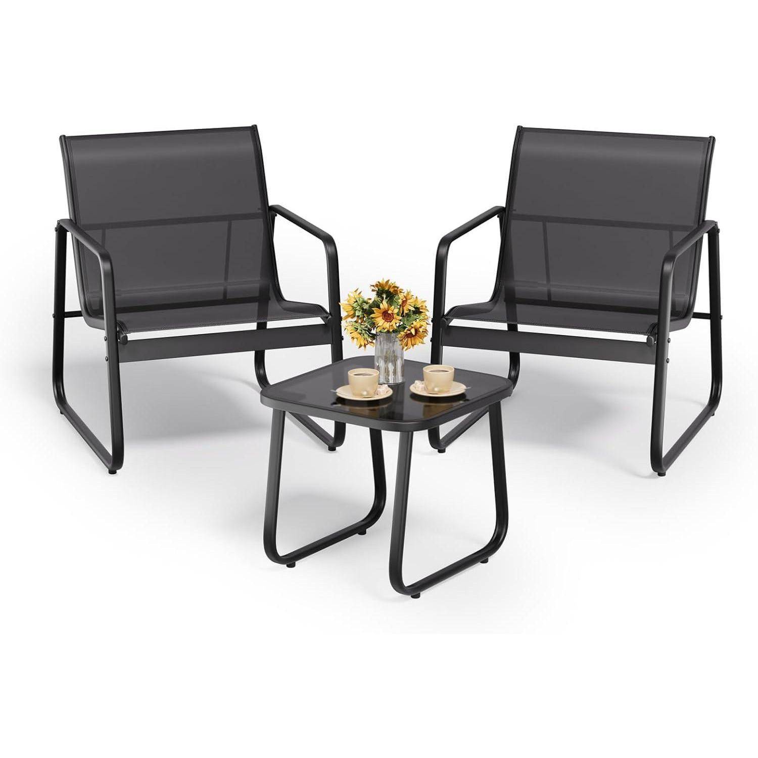 3-teiliges Balkon-Set, Bistro-Set mit Textilene-Gewebe, Glas-Tisch & 2