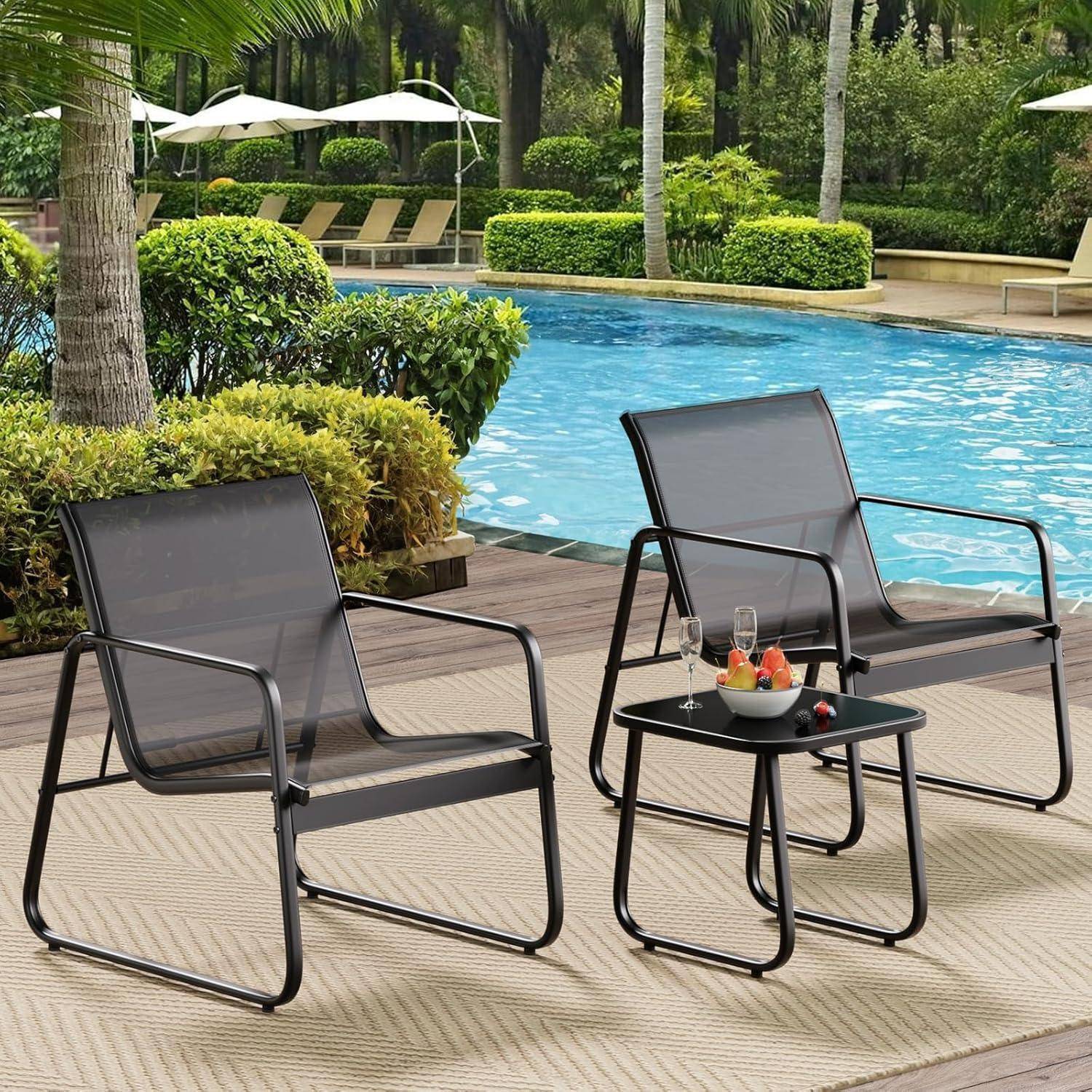 3-teiliges Balkon-Set, Bistro-Set mit Textilene-Gewebe, Glas-Tisch & 2