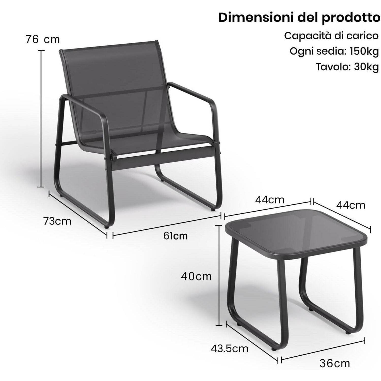 3-teiliges Balkon-Set, Bistro-Set mit Textilene-Gewebe, Glas-Tisch & 2