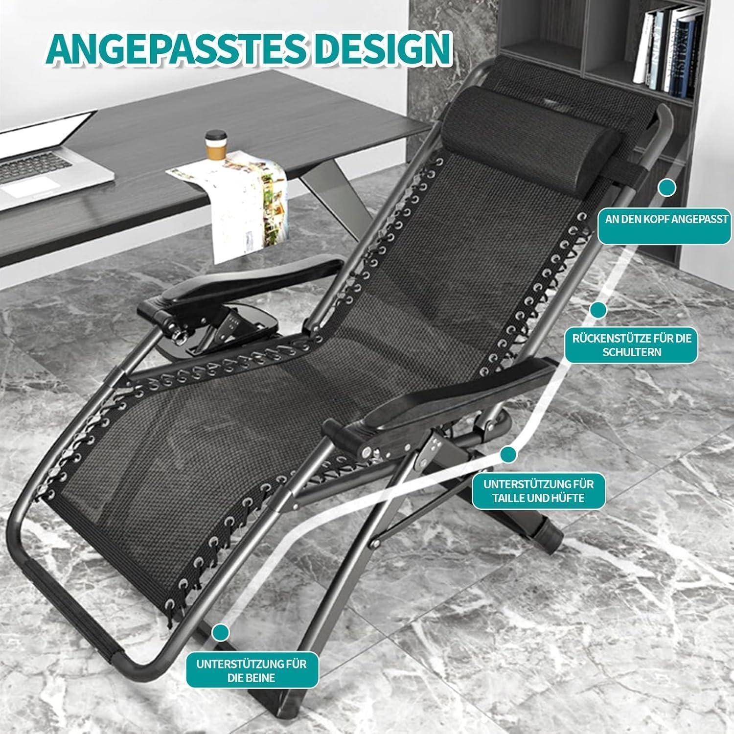 Ein Liegestuhl mit Textbeschriftungen, die ergonomische Merkmale hervorheben: Kopf-, Rücken-, Lenden- und Beinunterstützung. In einer Büroumgebung.