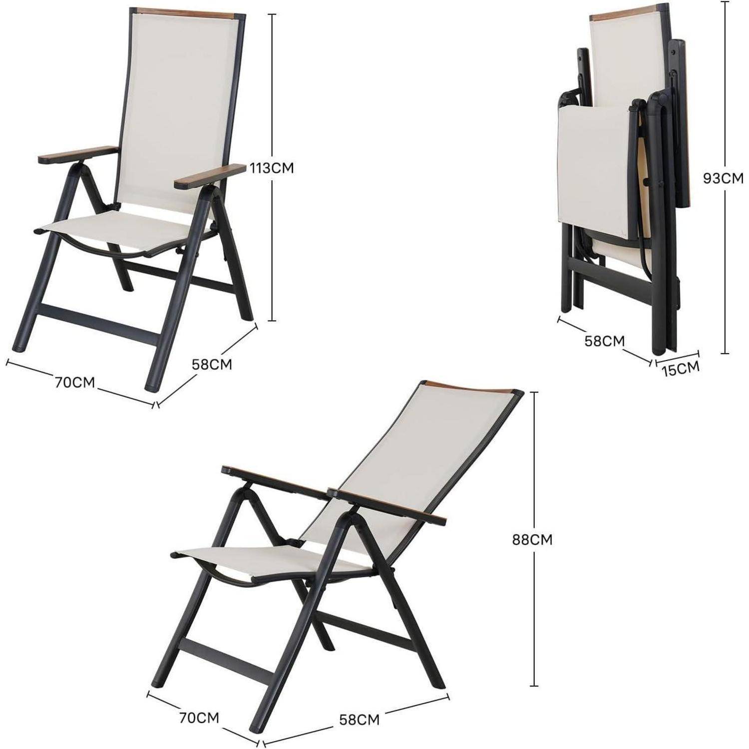 Drei Ansichten eines Klappstuhls: aufgeklappt (Höhe 113 cm, Breite 70 cm, Tiefe 58 cm), teilweise zurückgelehnt (Höhe 88 cm), und zusammengeklappt (Höhe 93 cm, Tiefe 15 cm).