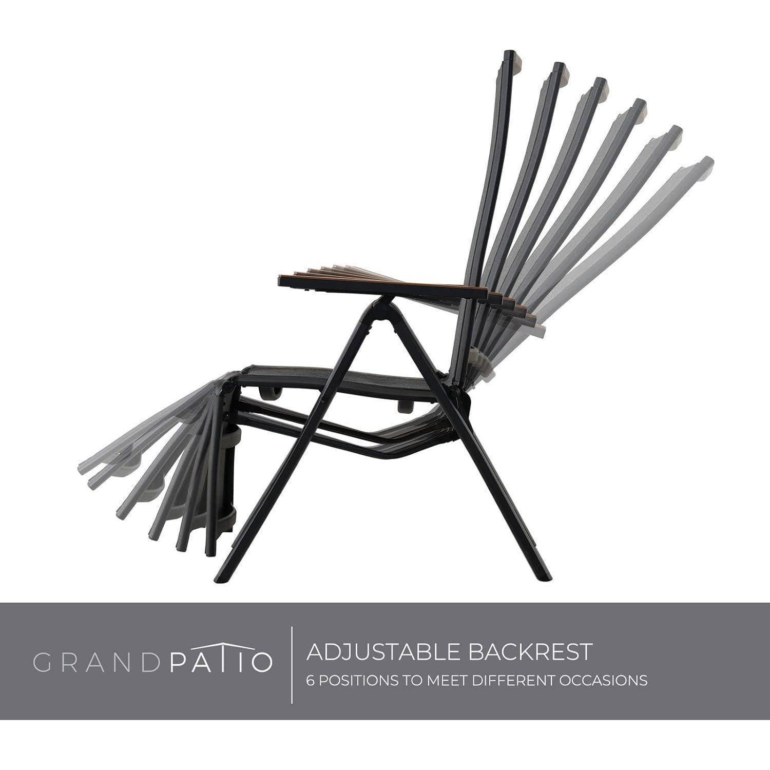 Ein Stuhl mit verstellbarer Rückenlehne, der in verschiedenen Liegewinkeln gezeigt wird und seine Flexibilität veranschaulicht. Text lautet: 