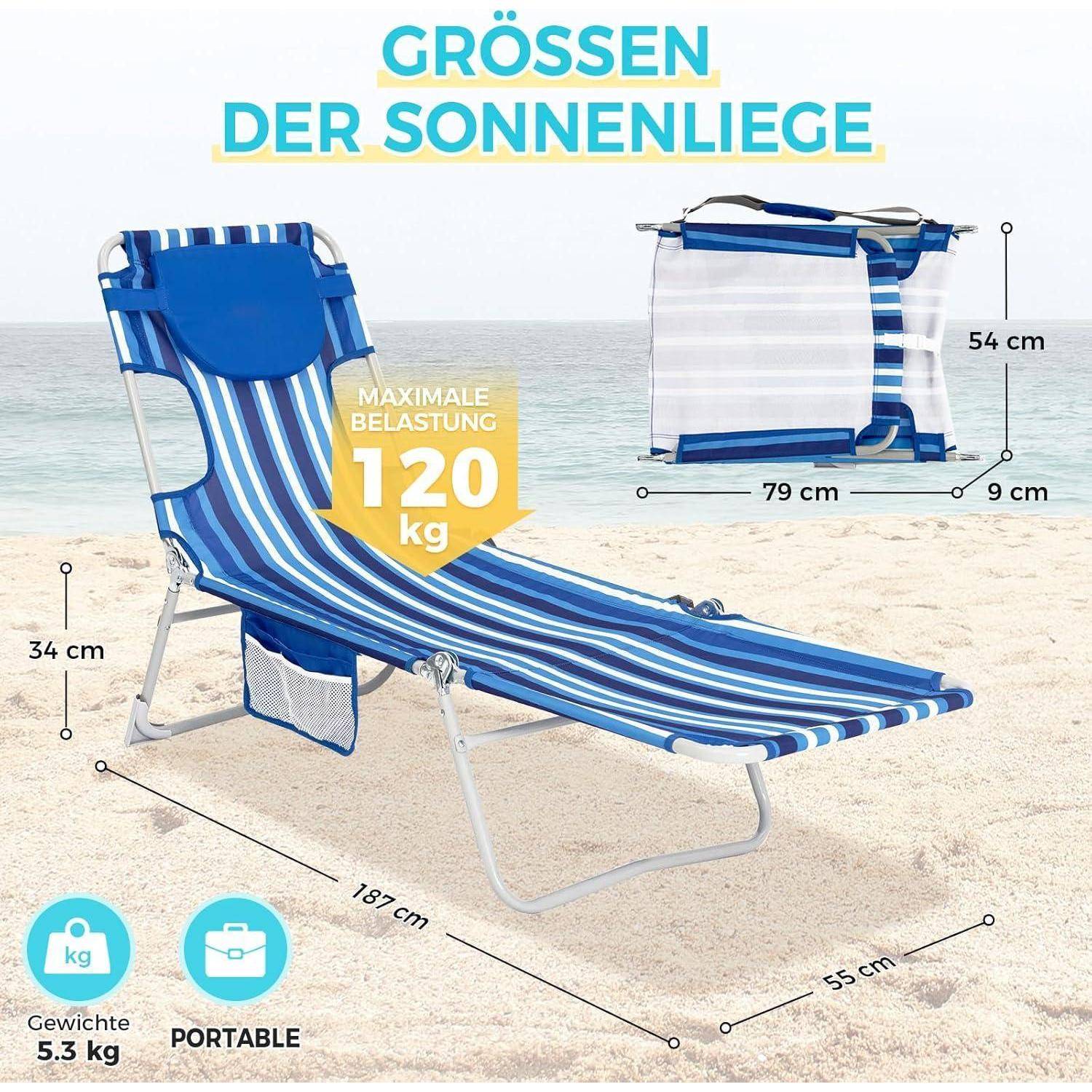 Sonnenliege klappbar Lesefenster 5fach Rückenlehne Dunkelblau Weiß