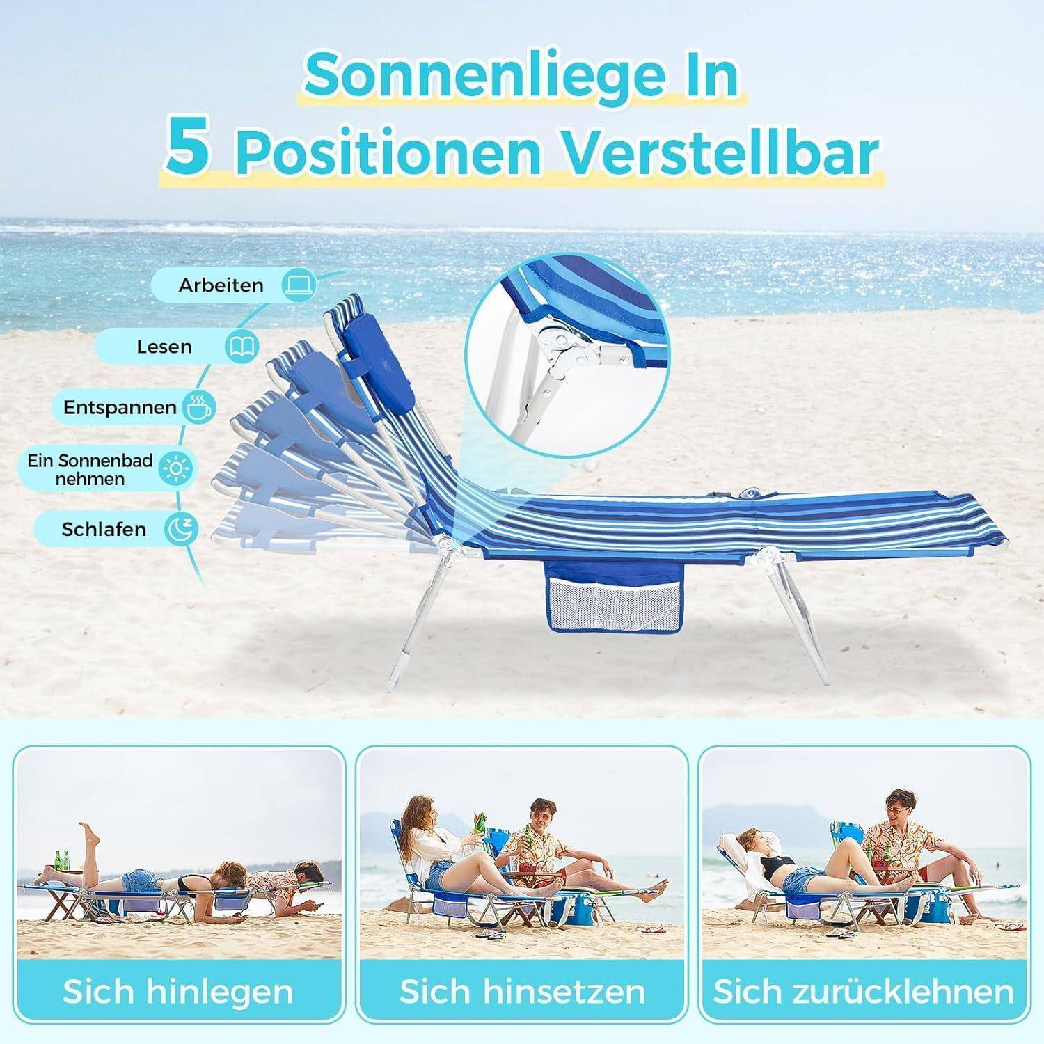 Liegestuhl in 5 Positionen verstellbar für Aktivitäten wie Entspannung und Sonnenbaden. Zeigt Menschen, die ihn an einem sonnigen Strand nutzen.