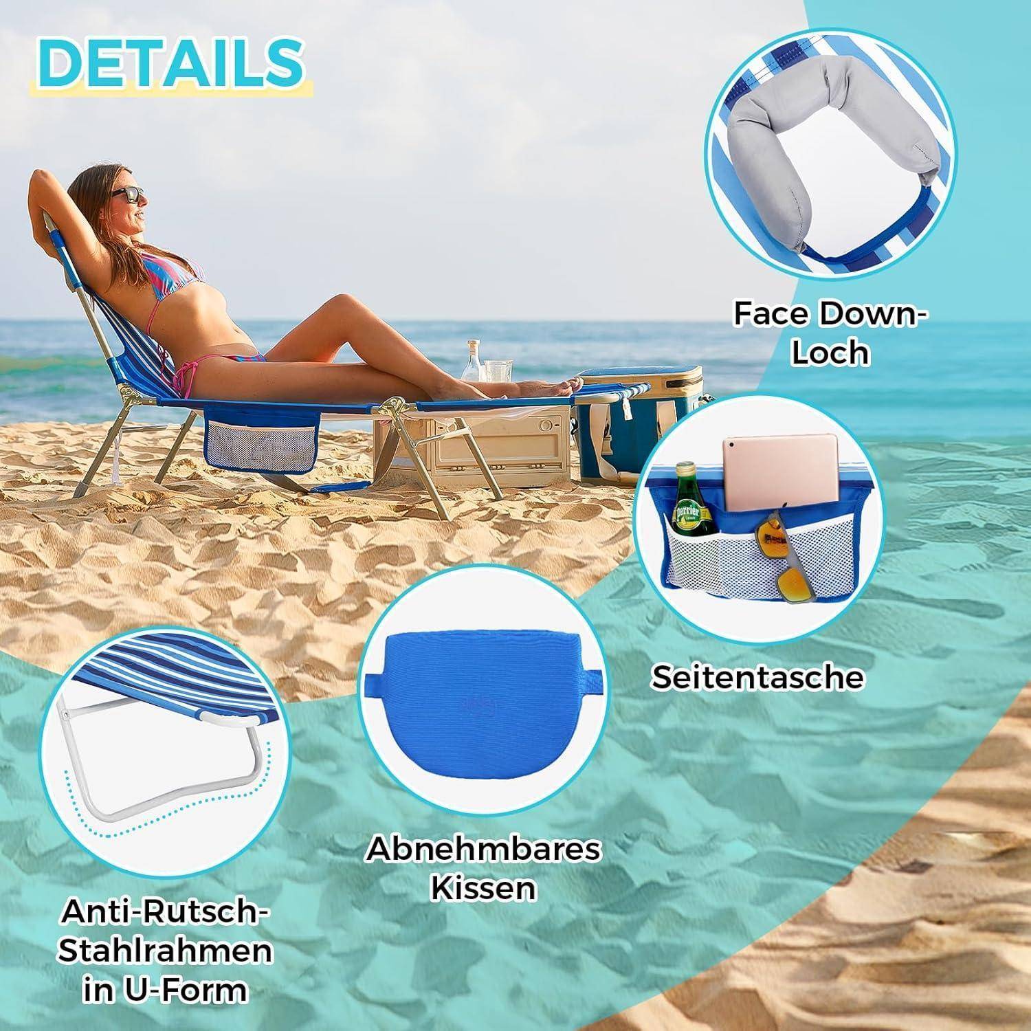 Eine Frau, die auf einem Liegestuhl mit einem nach unten gerichteten Loch, abnehmbarem Kissen und Seitentasche sitzt. Zu den Merkmalen gehört ein rutschfester Stahlrahmen.