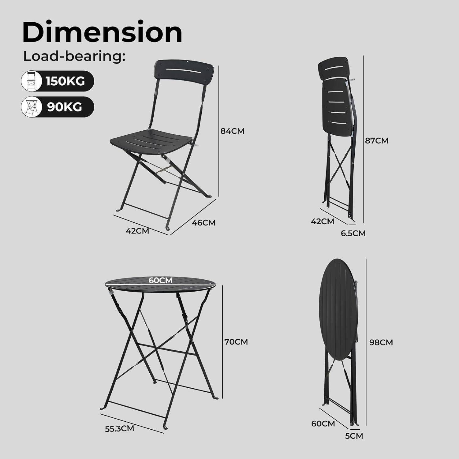 Dimension' Diagramm mit Stuhl und Tisch. Stuhl: 84 cm hoch, 42 cm breit, 46 cm tief, klappt auf 87 cm Höhe, 6,5 cm Tiefe. Tisch: 70 cm hoch, 60 cm Durchmesser, klappt auf 98 cm Höhe. Tragfähigkeit 150 kg.