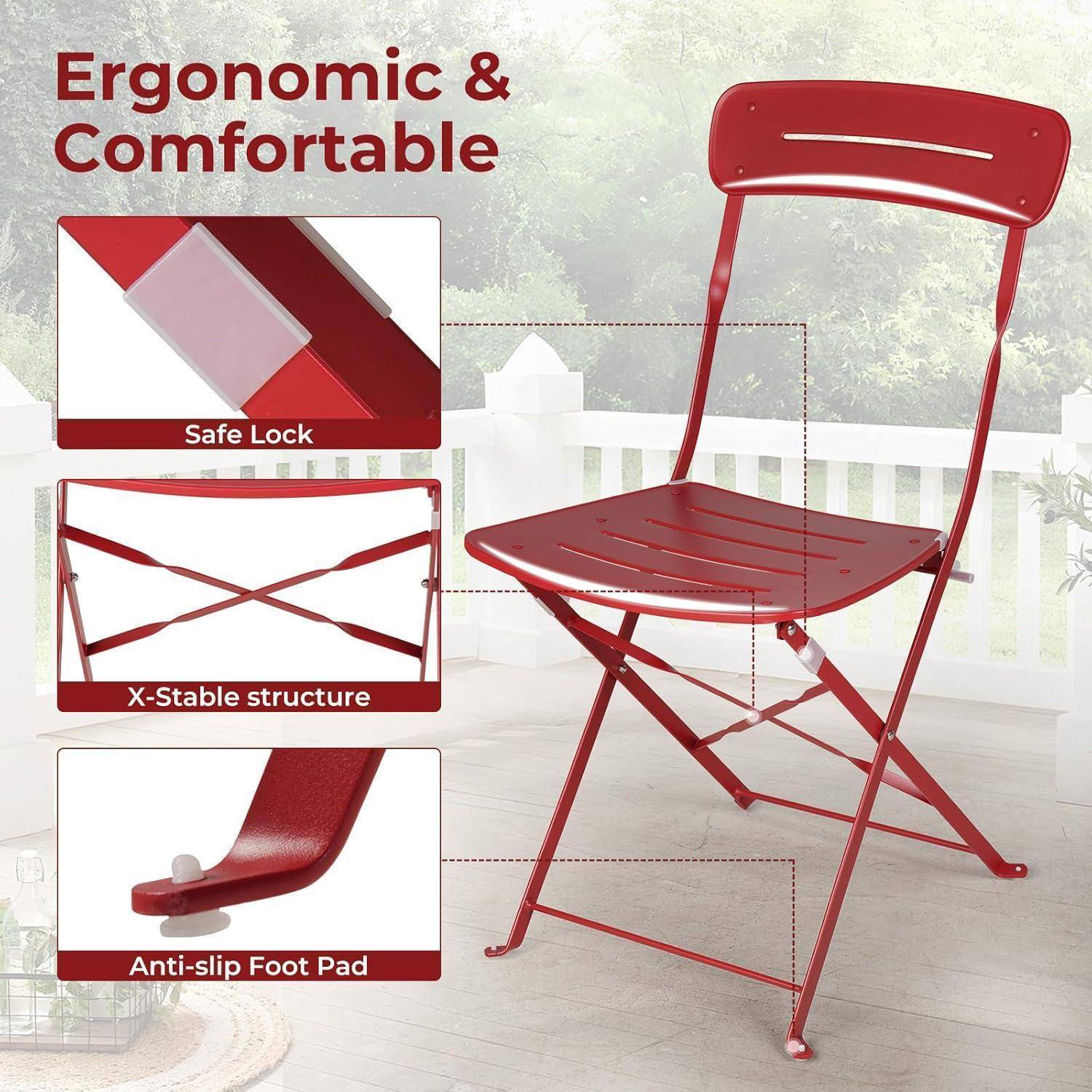 Roter Klappstuhl auf der Veranda. Highlights umfassen 'Safe Lock', 'X-stabile Struktur' und 'Rutschfeste Fußauflage' für ergonomisches Design.