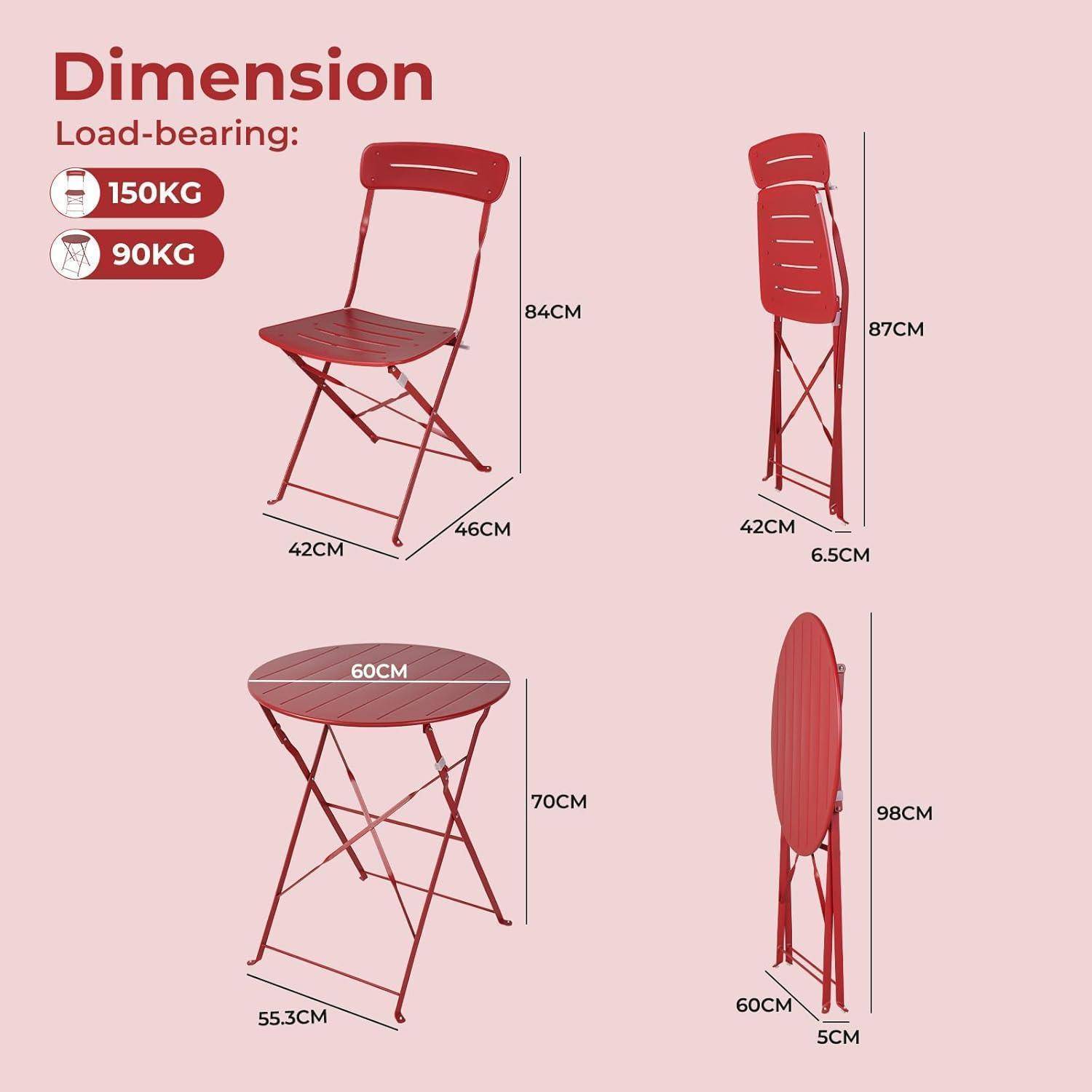 Abmessungen eines roten Klappstuhl- und Tischsets. Stuhl: 84 cm hoch, 46 cm breit, gefaltet 87 cm x 42 cm. Tisch: 70 cm hoch, 60 cm Durchmesser, gefaltet 98 cm x 60 cm. Tragfähigkeit Stuhl 150 kg, Tisch 90 kg.