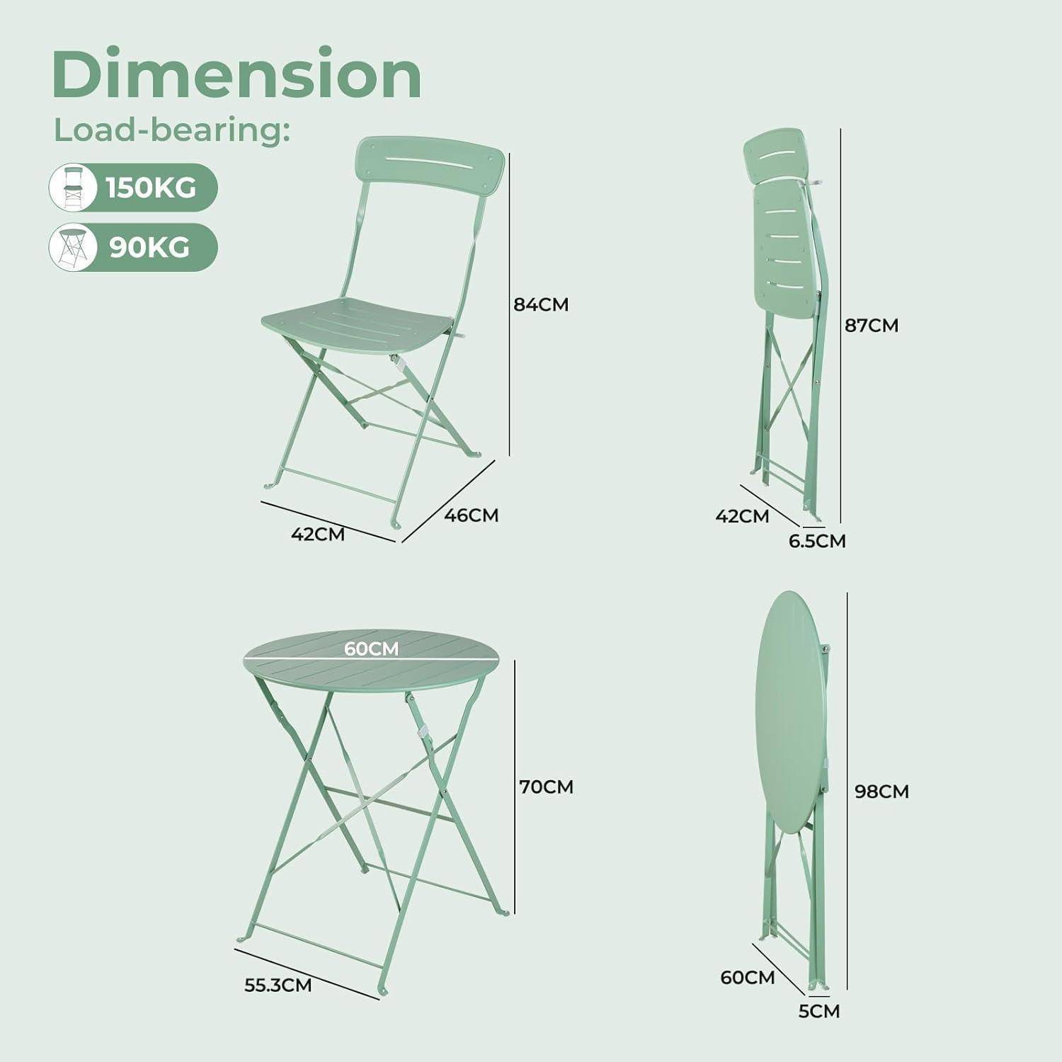 Abbildung mit Abmessungen: Ein grünes Stuhl- und Tischset. Stuhl: 84 CM Höhe, 46 CM Breite, zusammengefaltet 87 CM x 42 CM x 6,5 CM. Tisch: 70 CM Höhe, 60 CM Durchmesser, zusammengefaltet 98 CM x 60 CM. Tragfähigkeit: 150 KG Stuhl, 90 KG Tisch.