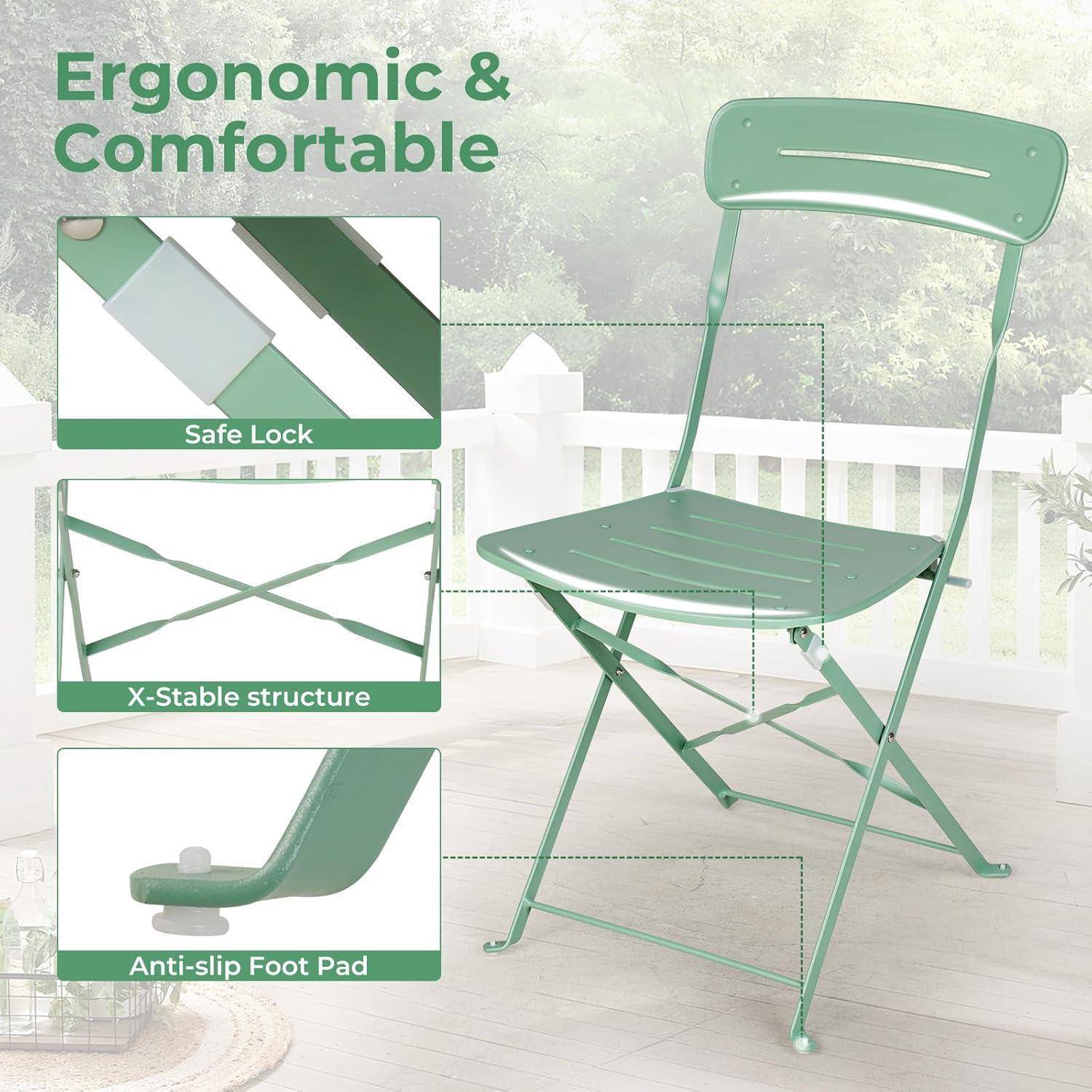 Ein grüner Klappstuhl auf einer Terrasse. Hervorgehobene Merkmale: 'Sicherheitsverriegelung', 'X-Stabile Struktur' und 'Rutschfeste Fußauflage'. Text: 'Ergonomisch & Komfortabel'.