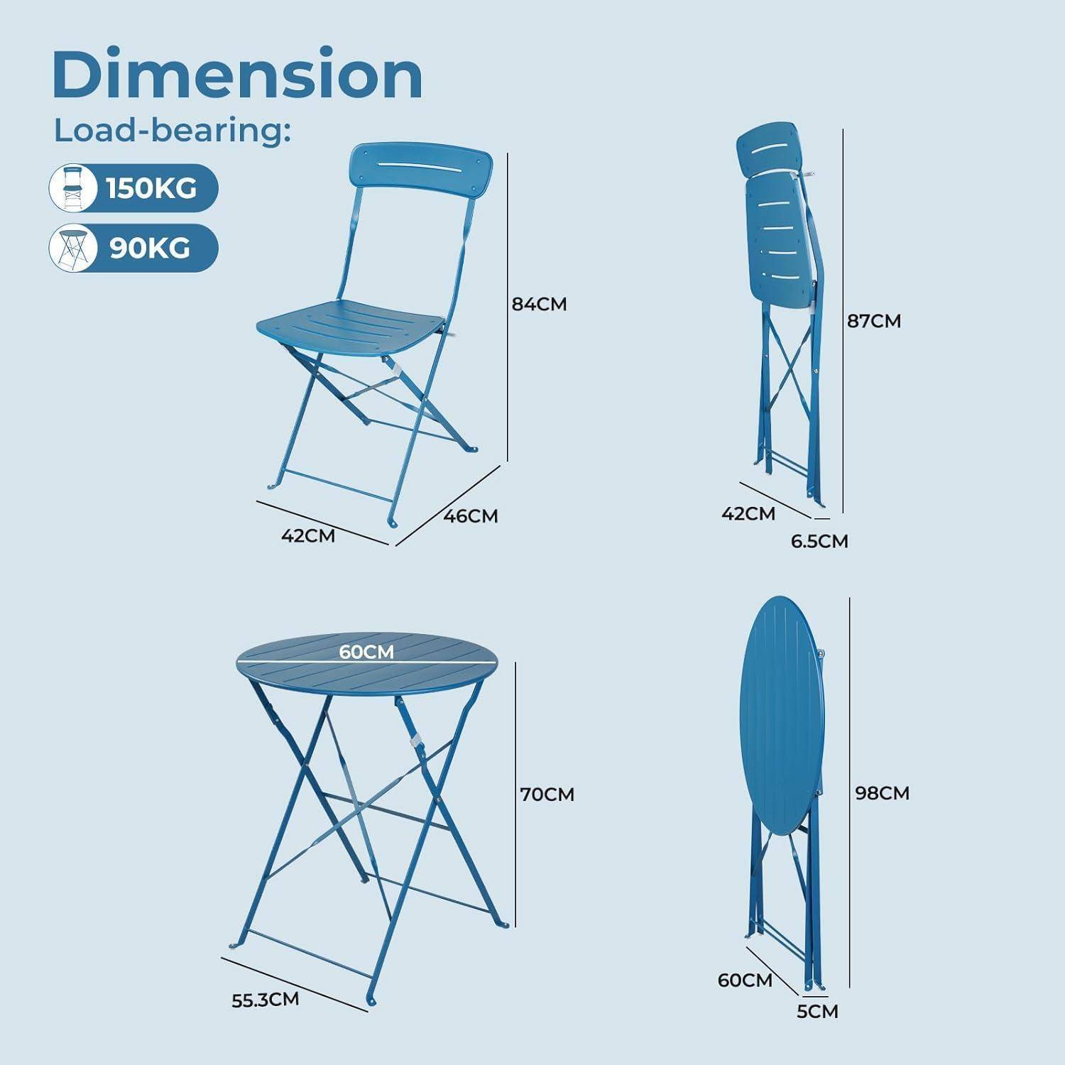 Dimension'-Diagramm eines blauen Klappstuhl- und -tischsets. Stuhl: 84 cm hoch, 46 cm tief; gefaltet: 87 cm hoch, 6,5 cm tief. Tisch: 60 cm Durchmesser, 70 cm hoch; gefaltet: 98 cm hoch, 6 cm tief. Tragfähigkeit: Stuhl 150 kg, Tisch 90 kg.
