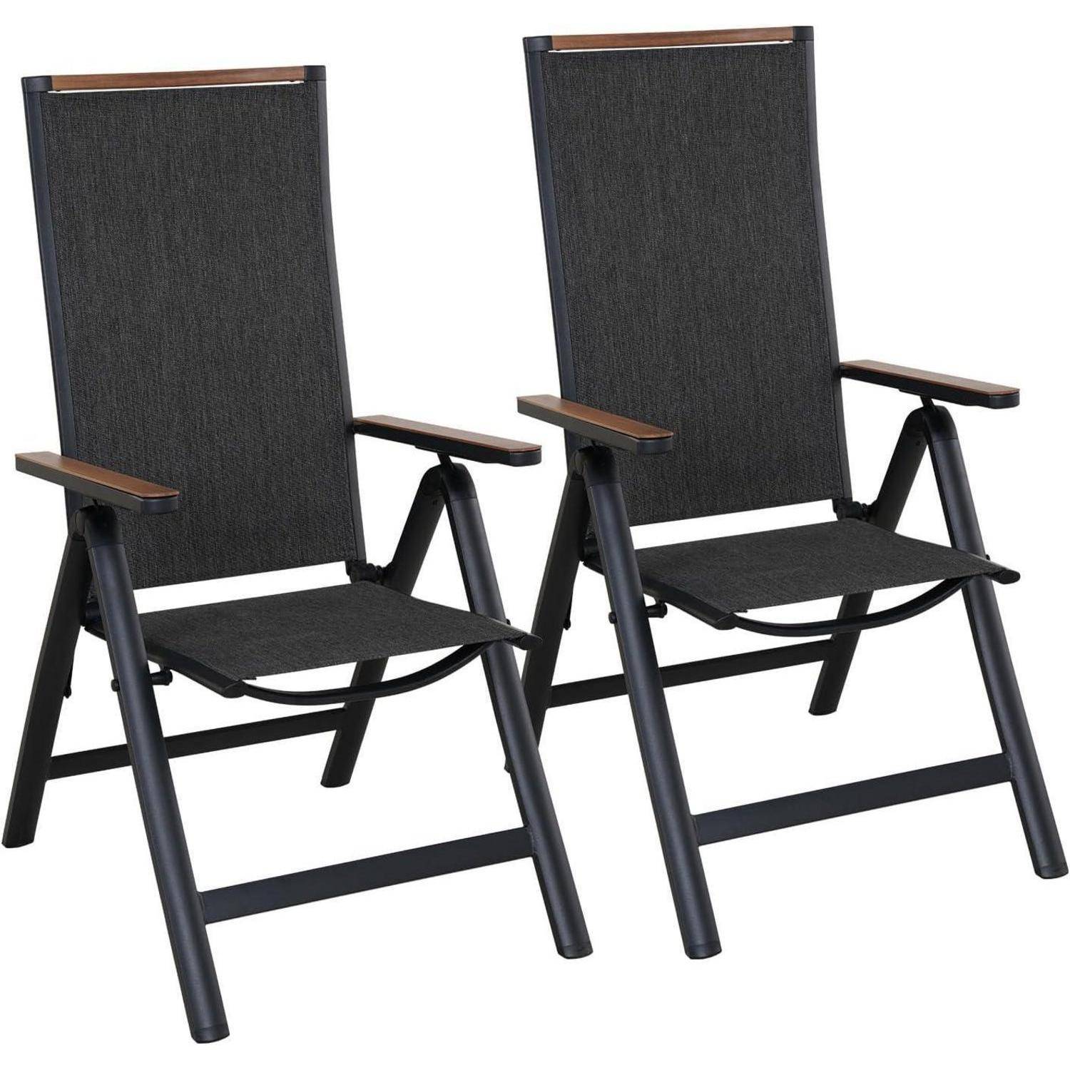 Zwei schwarze Outdoor-Liegestühle mit Armlehnen und hohen Rückenlehnen, die ein schlichtes und modernes Design aufweisen.