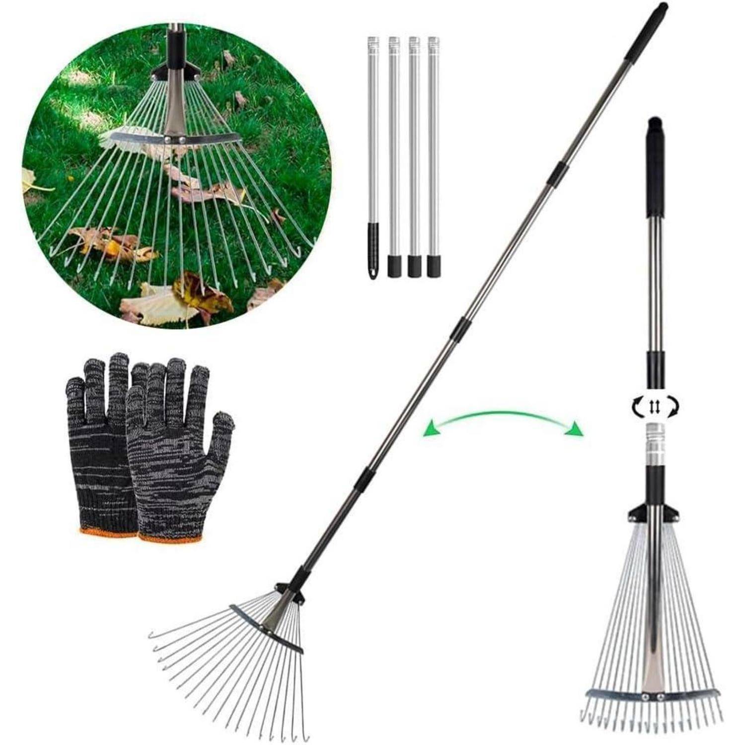 Verstellbarer Gartenrechen mit ausziehbarem Griff, Schutzhandschuhen und mehreren Einstellungen für einfache Laubsammlung auf Rasen.