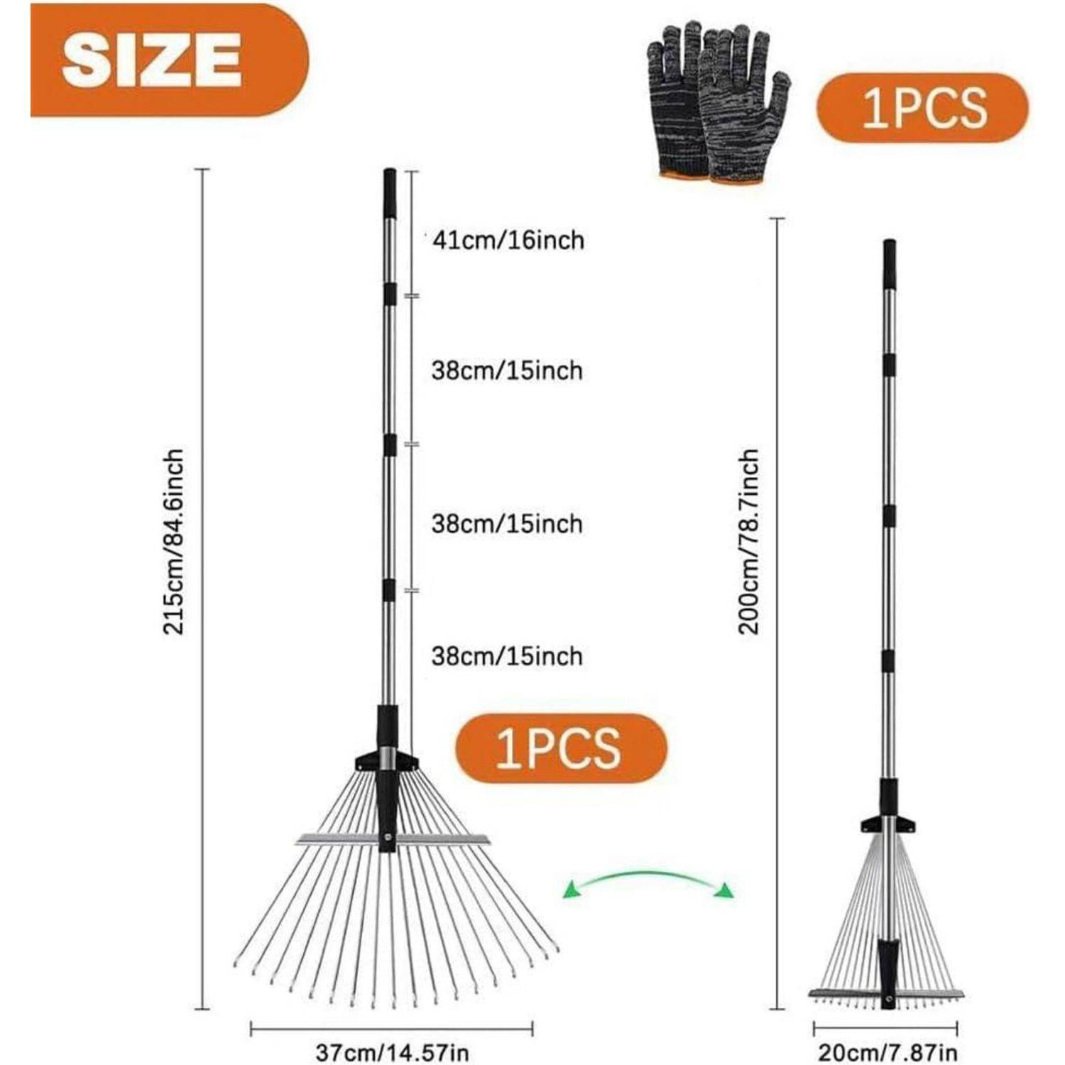 Teleskop-Rechen Größe: 215 cm/84,6 Zoll mit einer verstellbaren Breite von 37 cm/14,57 Zoll oder 20 cm/7,87 Zoll. Inklusive 1 Paar Handschuhe.