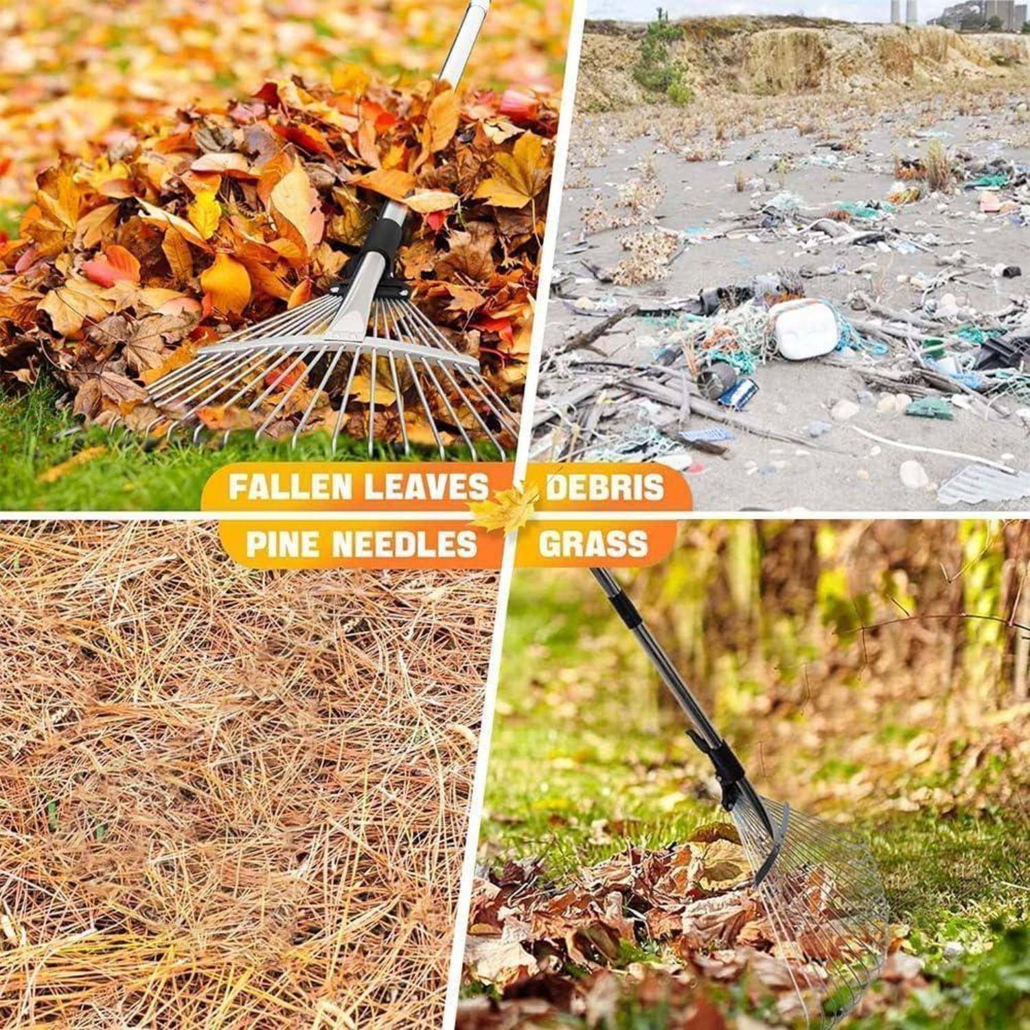 Eine Collage zeigt vier Bilder: Zusammenrechen von herabgefallenem Laub, ein mit Abfall gefüllter Bereich, der als 