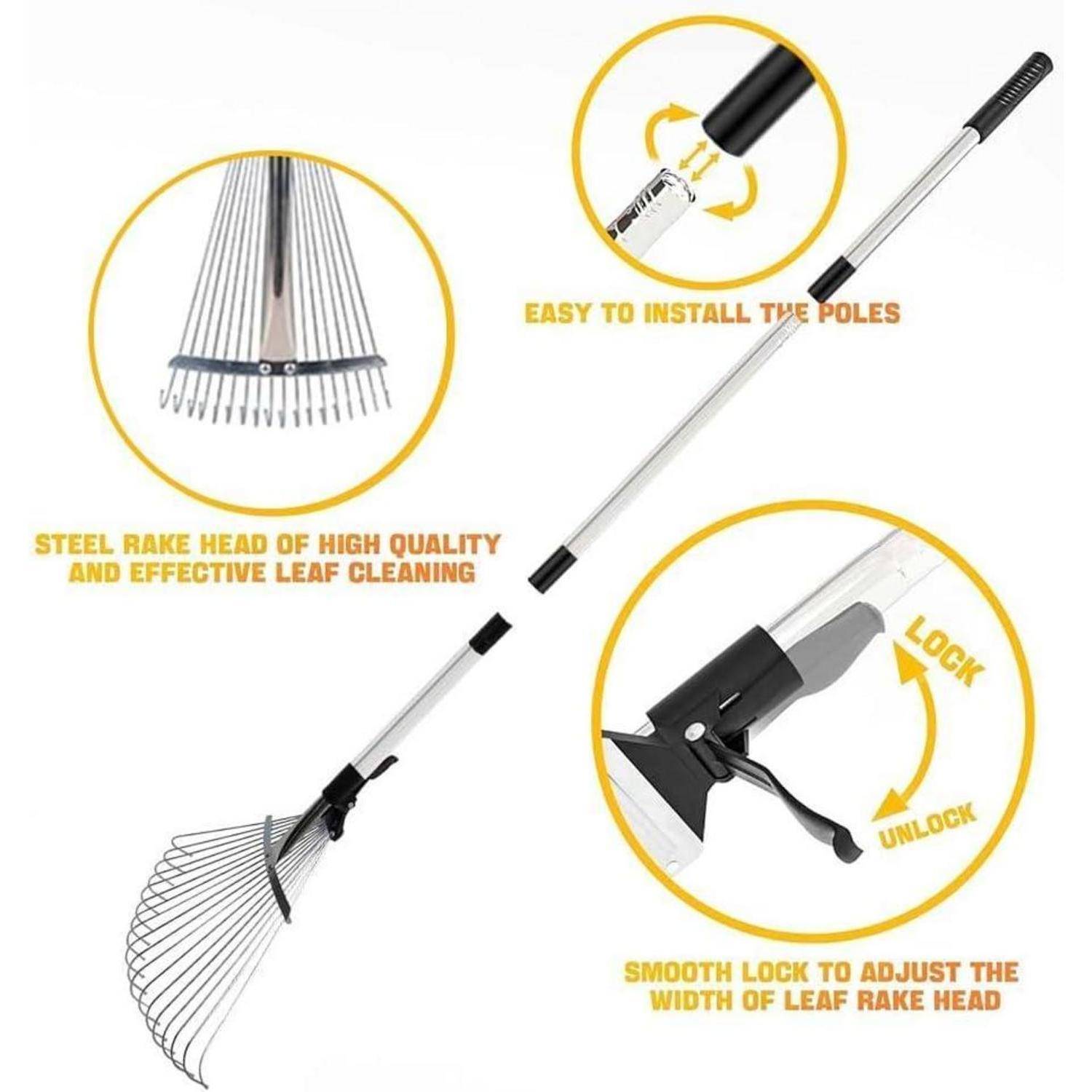 Die Abbildung zeigt einen Rechen mit abnehmbarem Kopf. Der Text hebt die hochwertige Stahlqualität, die einfache Pfahlmontage und die verstellbare Breitenverriegelung hervor.