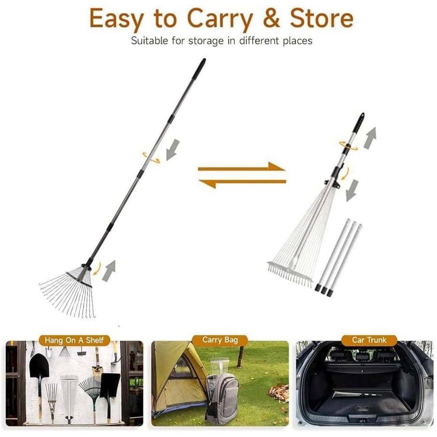 Zusammenklappbare Rechen gezeigt - ausgefahren und zusammengefaltet. Text lautet: 