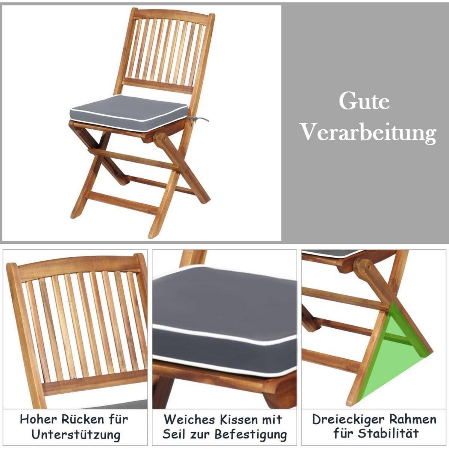 Ein Holzklappstuhl mit einem grauen Kissen. Text lautet 'Gute Verarbeitung'. Merkmale umfassen hohe Rückenstütze, weiches Kissen mit Befestigungsband, dreieckiger Rahmen für Stabilität.