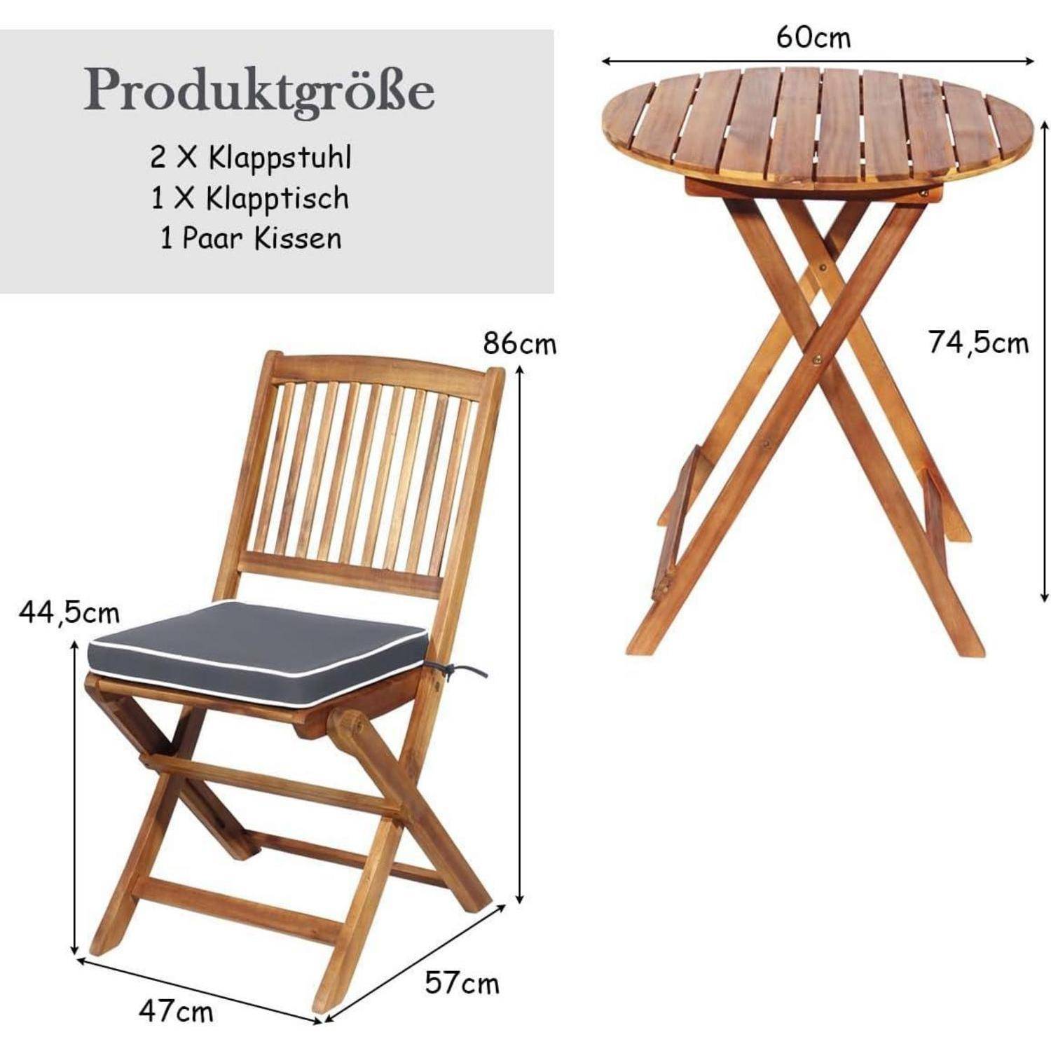 Holz-Klappstühle und runder Tisch-Set mit Maßen. Stuhl: 86x44,5x57 cm mit Kissen. Tisch: 60x74,5 cm. Set enthält 2 Stühle, Tisch und Kissen.