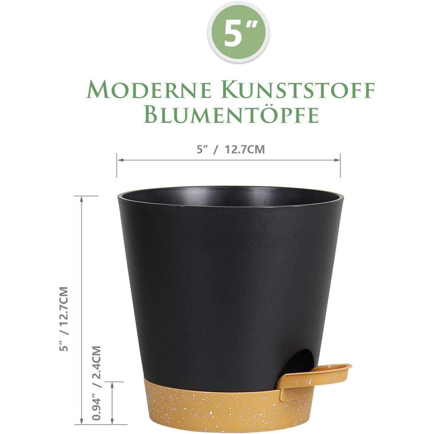 Schwarzer und goldener Kunststoff-Blumentopf mit der Aufschrift 'Moderne Kunststoff Blumentöpfe', 5 Zoll (12,7 cm) breit und hoch.