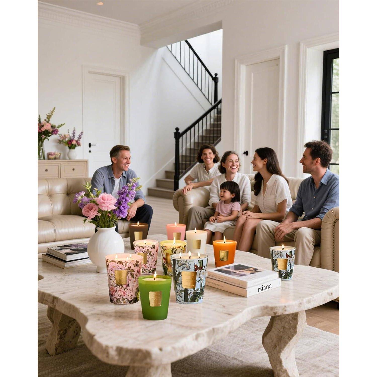 Eine Gruppe von Menschen sitzt zusammen und unterhält sich in einem modernen Wohnzimmer, umgeben von bunten Kerzen und Blumen auf einem großen Couchtisch.
