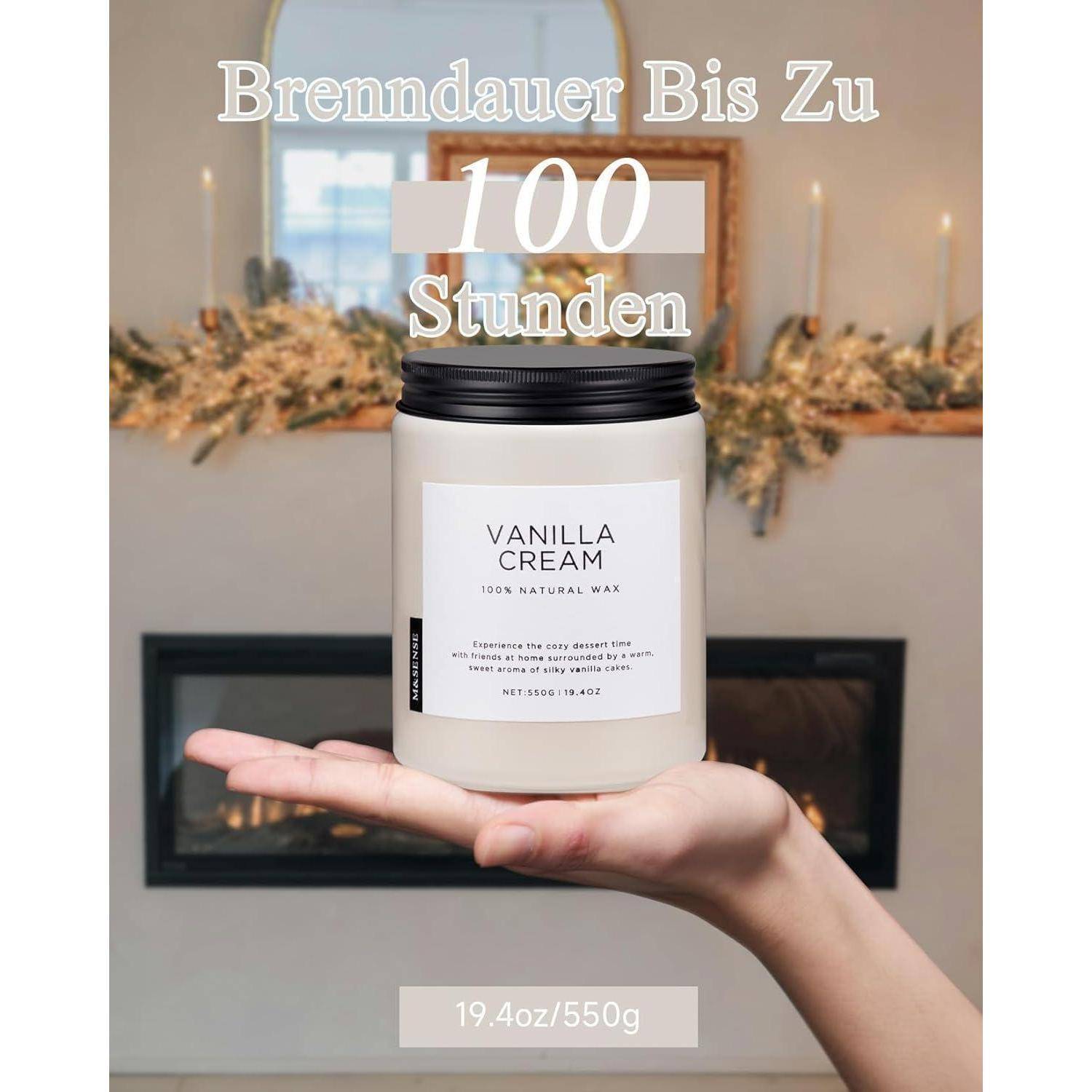 Eine Hand hält ein Glas Vanillecreme neben dem Text 