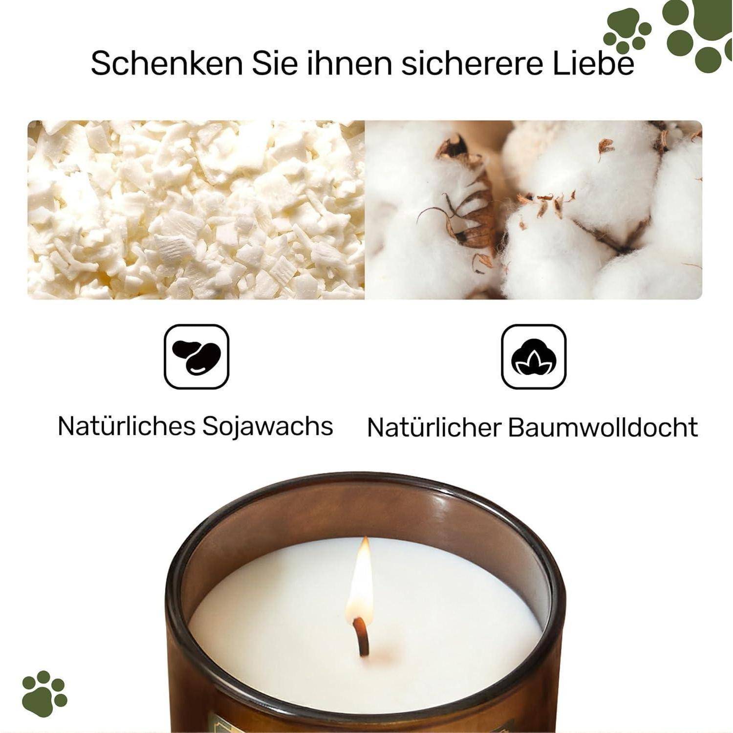 Eine brennende Kerze in einem braunen Glas mit der Aufschrift 