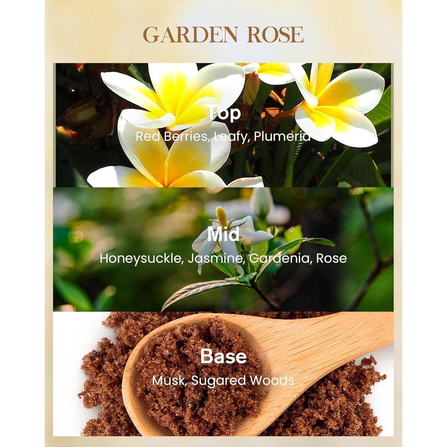 Duft 'Gartenrose': Kopfnoten von roten Beeren, frischen Blättern, Plumeria; Herznoten von Geißblatt, Jasmin, Gardenie, Rose; Basisnote von Moschus und kandiertem Holz.
