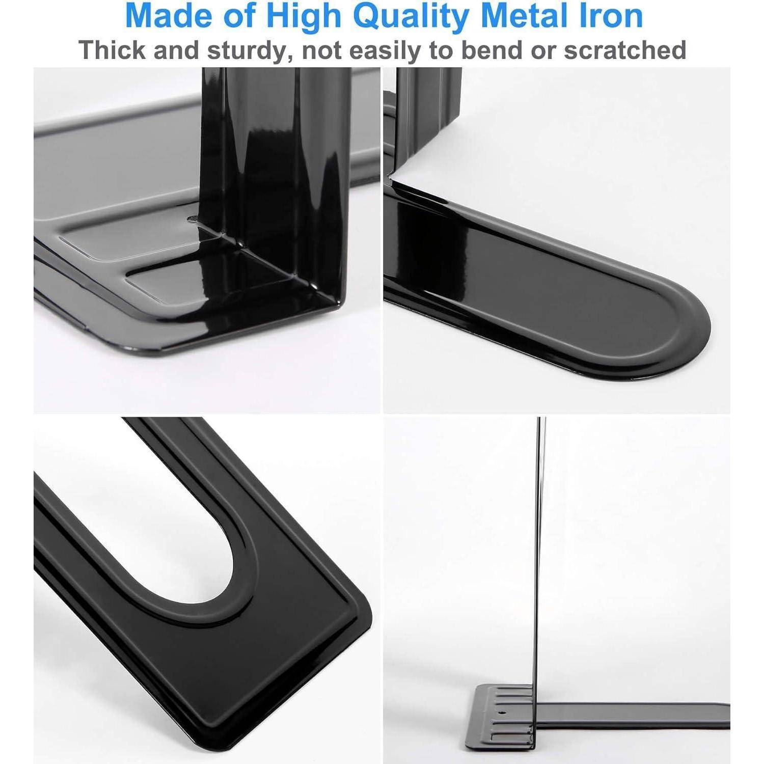 Buchstützen aus hochwertigem Metalleisen, in Nahaufnahmen dargestellt. Als dick, robust und widerstandsfähig gegen Verformung und Kratzer beschrieben.