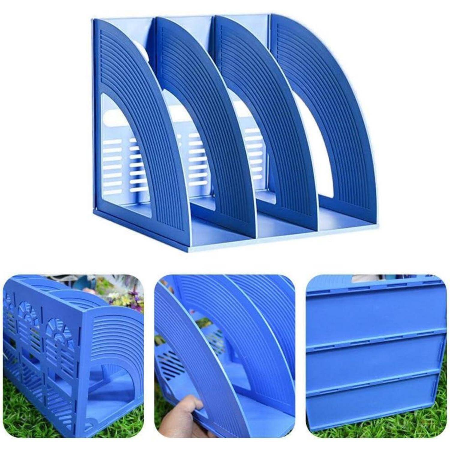 Ein blauer, dreieckiger Schreibtisch-Dokumentenorganizer mit drei Fächern wird gezeigt. Einblendungen veranschaulichen Nahaufnahmedetails seines geschwungenen Designs und seiner Struktur.