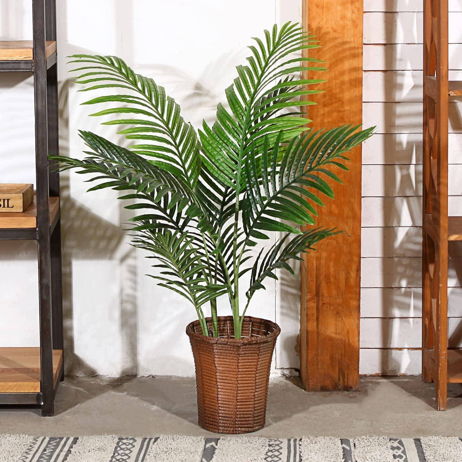 Eine Palme im Topf mit üppigen grünen Wedeln steht auf einem gemusterten Teppich, flankiert von Holzregalen in einem Raumambiente.