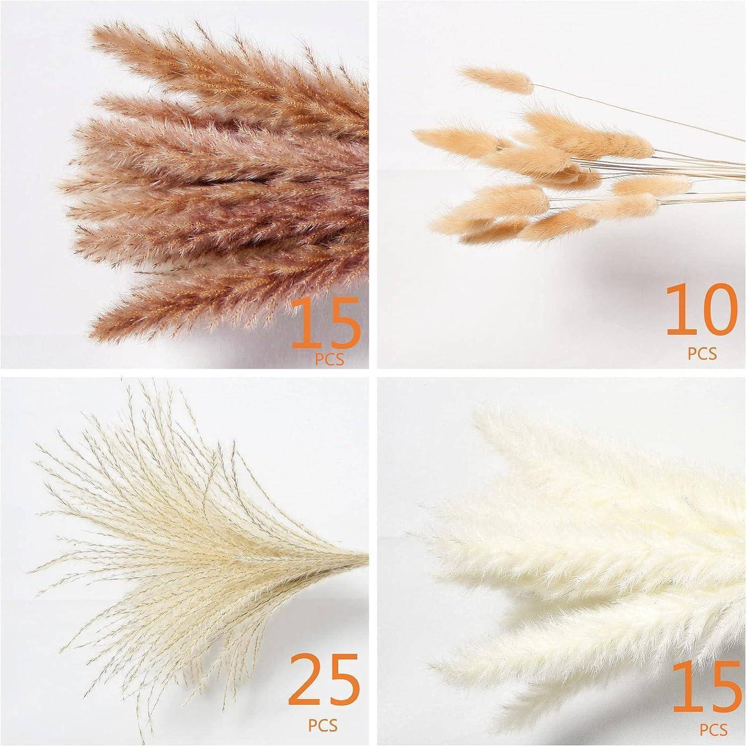 Vier Bündel getrockneten Grases in einem Raster angeordnet: oben links, braun (15 Stück); oben rechts, hellbraun (10 Stück); unten links, cremeweiß (25 Stück); unten rechts, weiß (15 Stück).