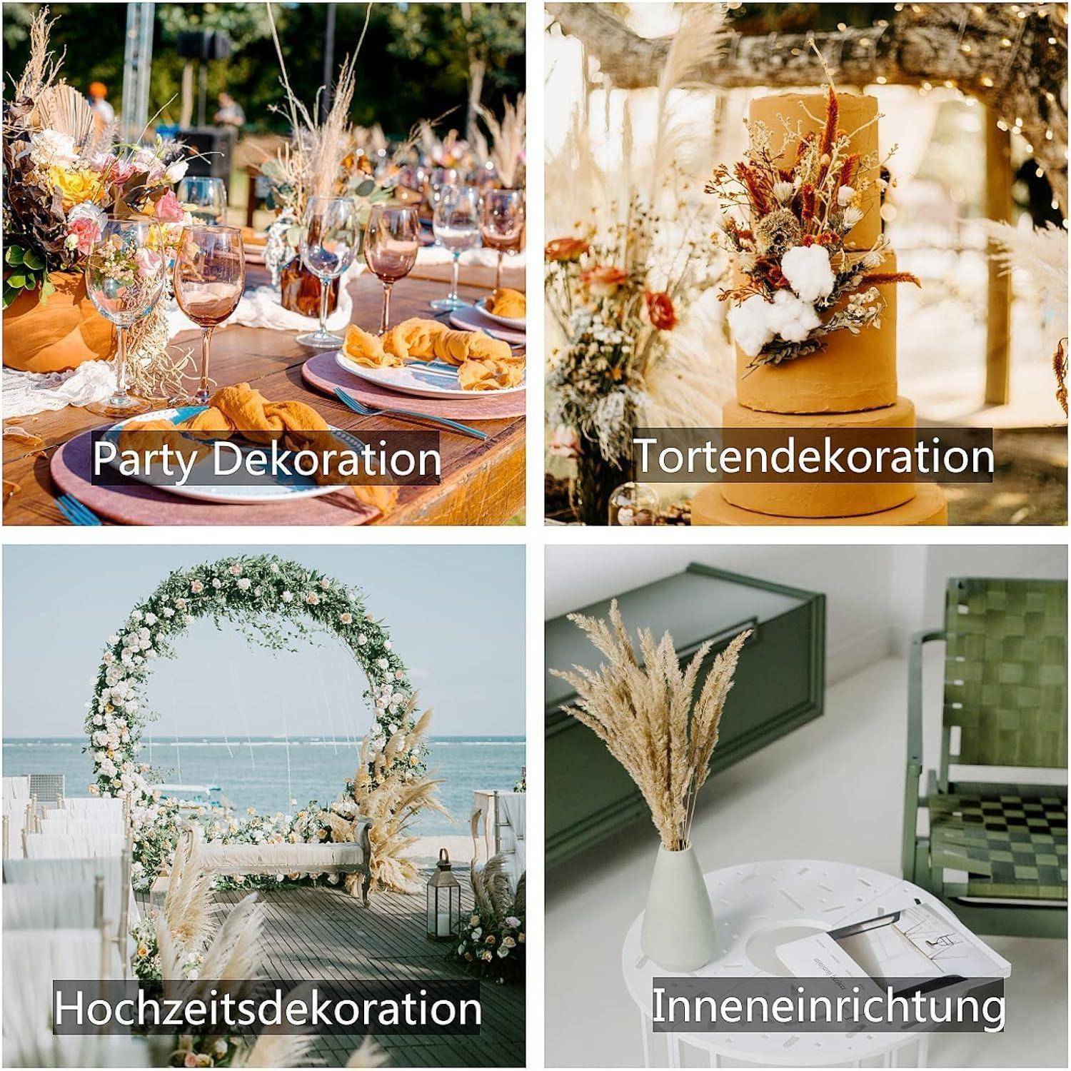 Party-Dekoration': Gedeckter Tisch im Freien mit eleganten Dekorationen. 'Tortendekoration': Kuchen mit floralem Akzent. 'Hochzeitsdekoration': Strand-Traubogen gefüllt mit Blumen. 'Inneneinrichtung': Moderne Inneneinrichtung mit einer Vase und einem Tisch.