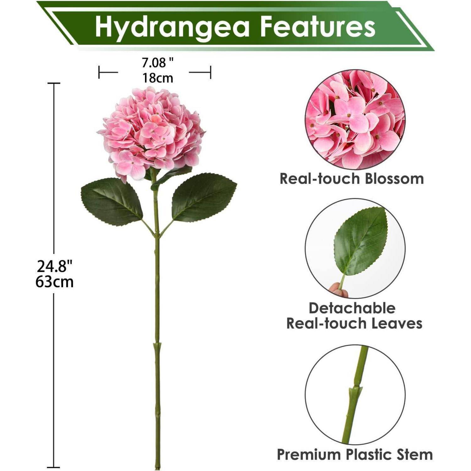 Hortensie Merkmale': Bild eines rosa Hortensienstiels, 62,99 cm hoch. Enthält Maße und Details: Echtfühl-Blüte, abnehmbare Blätter, Kunststoffstiel.