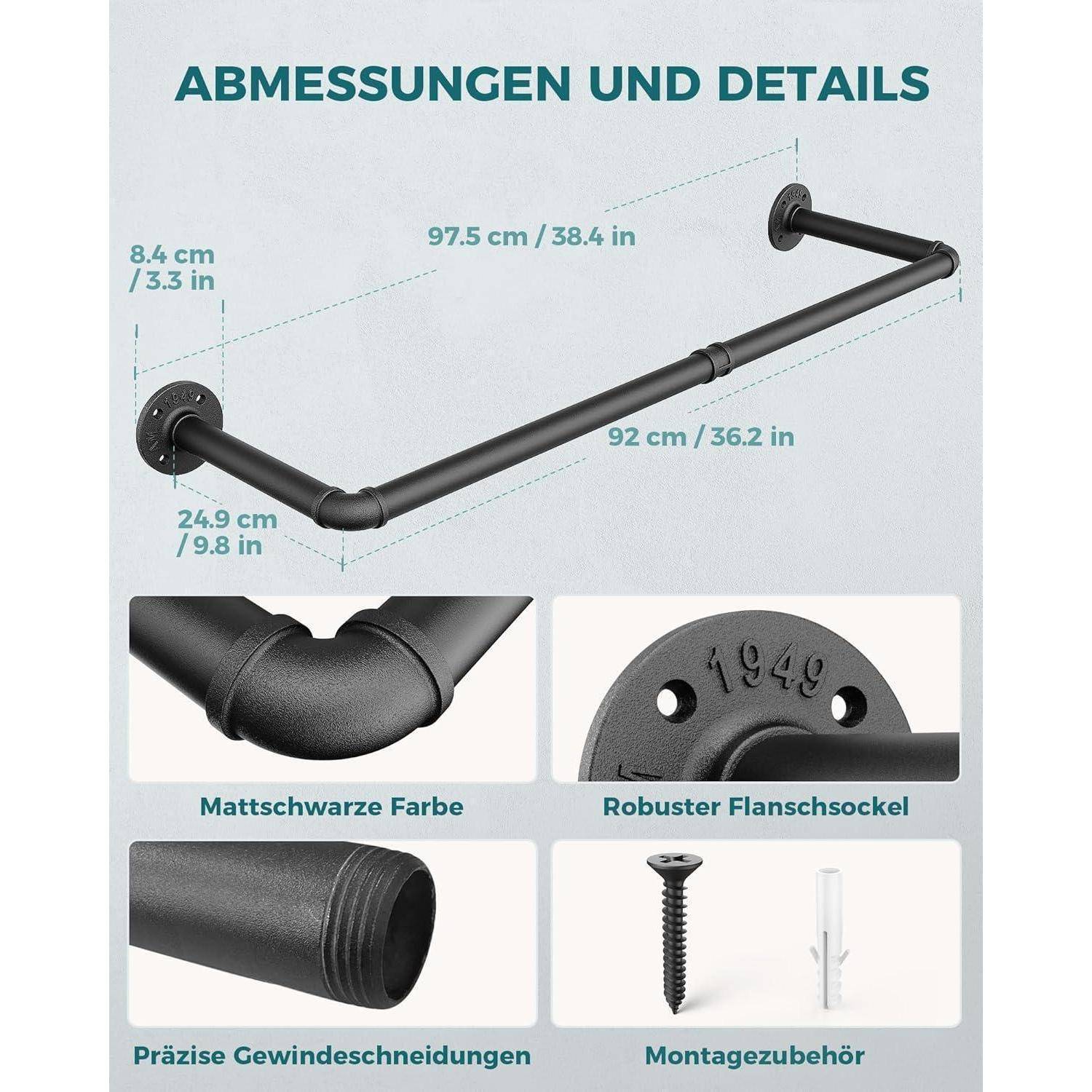 Schwarzer Metallhandtuchhalter mit Abmessungen: 97,5 cm breit, 92 cm Länge, 24,9 cm Tiefe. Enthält Detailaufnahmen der Teile, Befestigungsset und Merkmale.