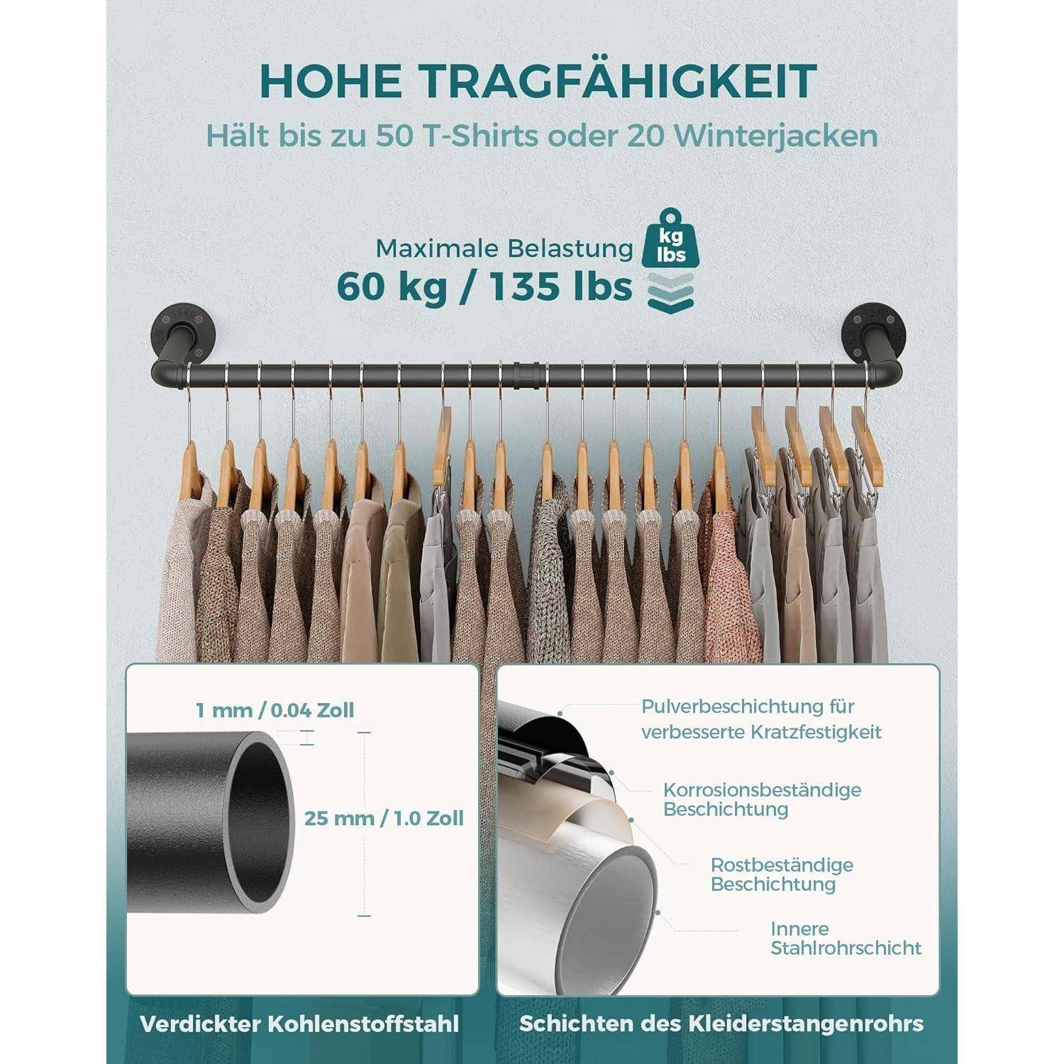 Kleidungsstücke hängen an einer Metallstange, die eine Tragfähigkeit von 60 kg/135 lbs veranschaulicht, beschriftet mit 'Hohe Tragfähigkeit', geeignet für Hemden und Mäntel. Diagramm und Text erläutern die Abmessungen und Merkmale der Stange.