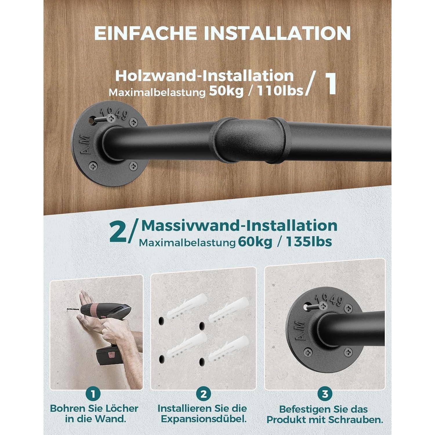 Industrieller Stil Rohr-Kleidergestell Wandbefestigung 97cm Schwarz