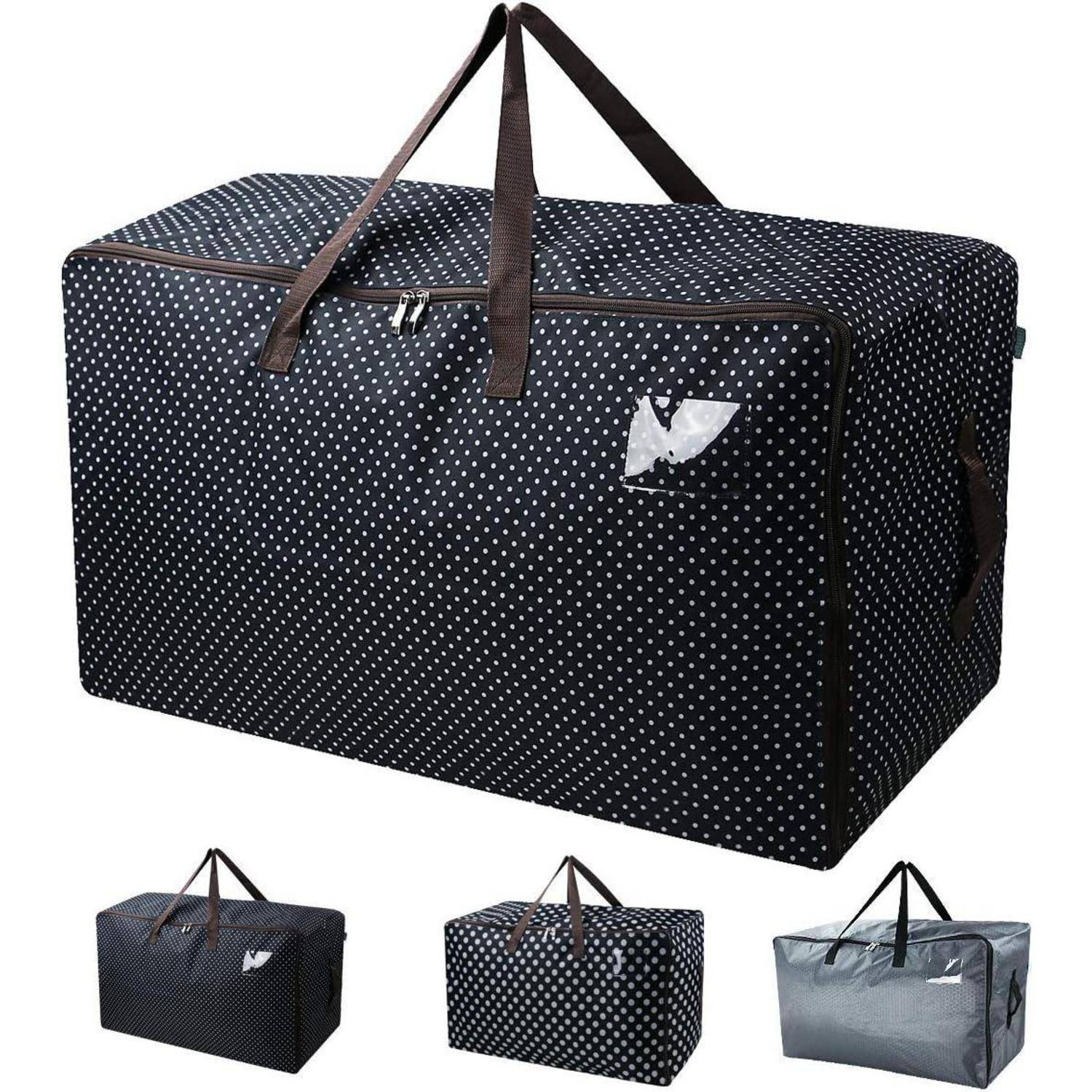 Große schwarze karierte Reisetasche mit kurzen Griffen und Logo, zusammen mit kleineren Variationen in verschiedenen Farben und Perspektiven.