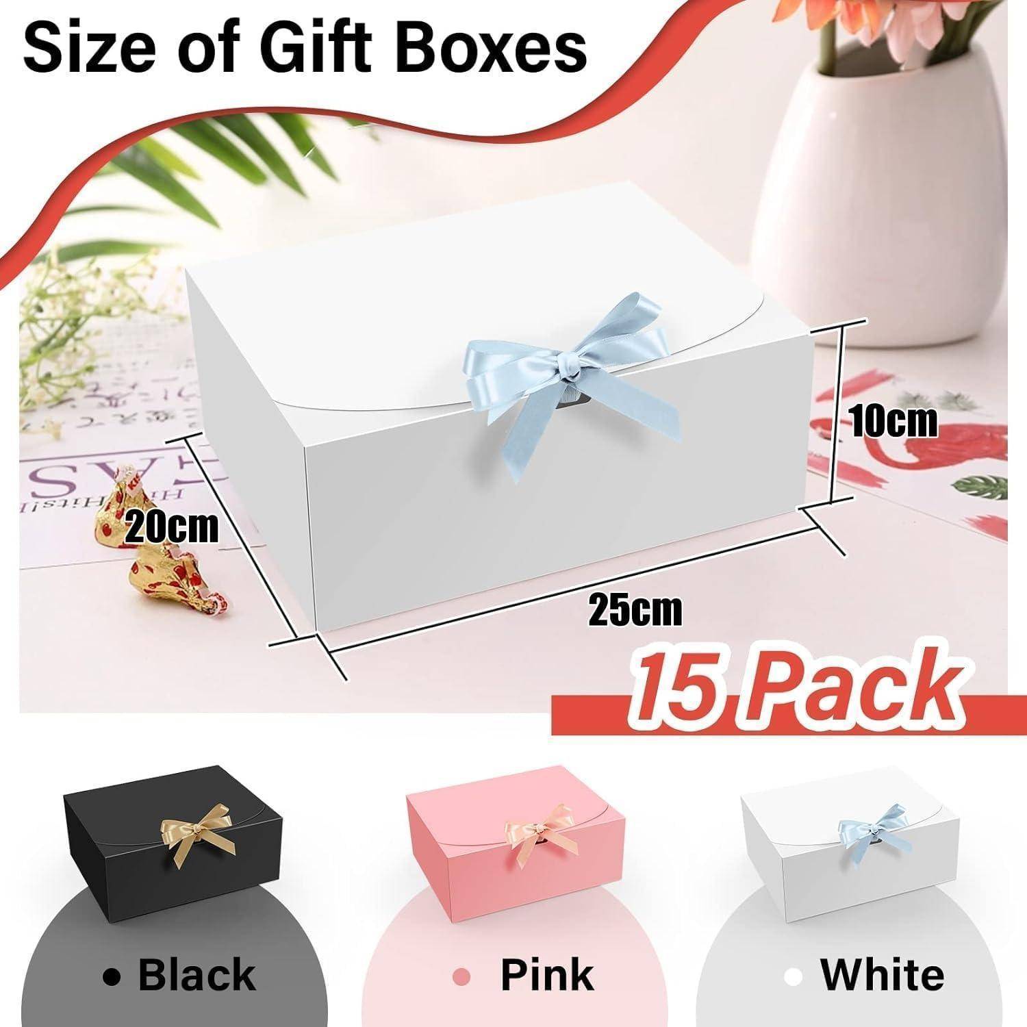 Bild zeigt eine weiße rechteckige Geschenkbox mit Maßen: 25 cm Breite, 20 cm Tiefe, 10 cm Höhe. Erhältlich in Schwarz, Pink, Weiß. 15er-Pack.